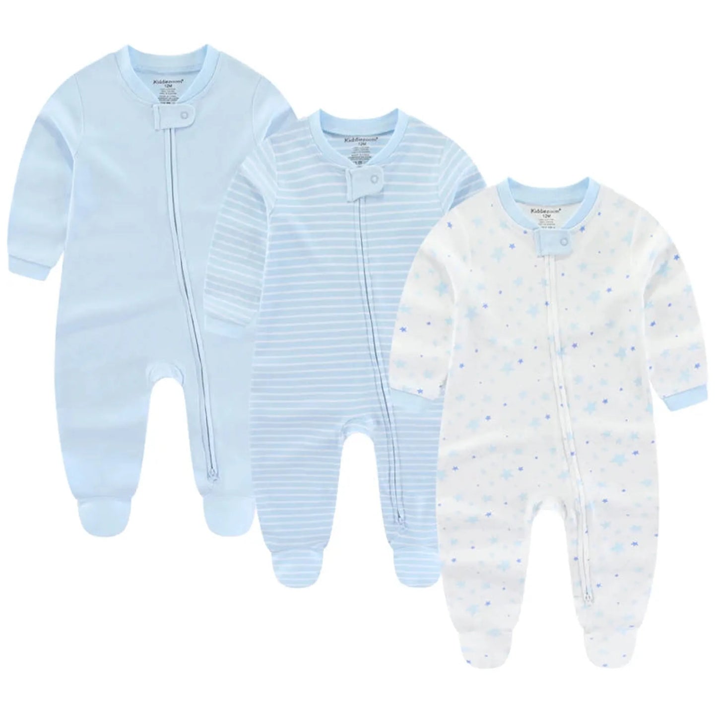 Three blue long-sleeve cotton baby rompers: solid, striped, and star-patterned, with front zippers.