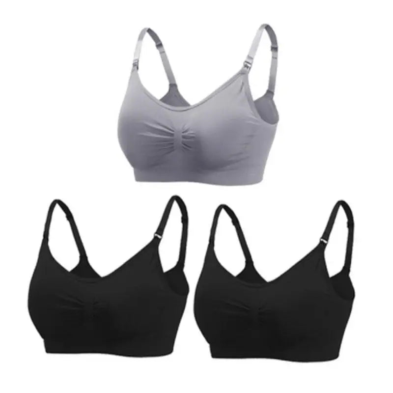 Set of three seamless, breathable nursing and maternity bras: one grey and two black, with front clips.