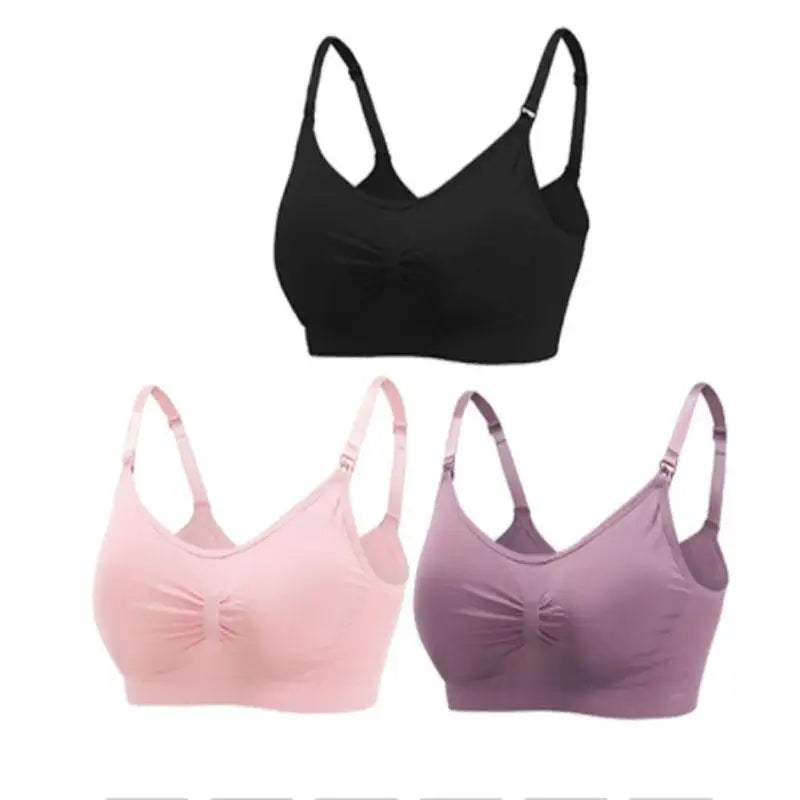 Set of 3 seamless, breathable maternity and nursing bras in black, pink, and purple with U-back design.