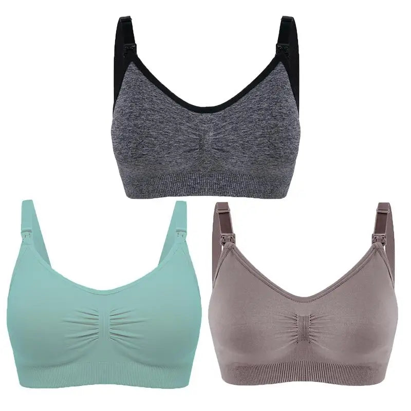 Set of 3 seamless, breathable nursing and maternity bras in grey, mint, and taupe with front clips.