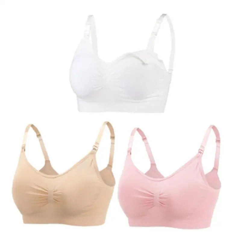 Set of 3 seamless, breathable nursing and maternity bras in white, beige, and pink with front clips.