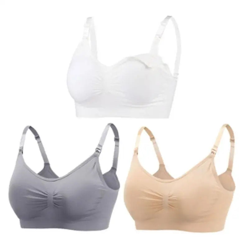 Set of 3 seamless, breathable nursing bras in white, grey, and nude with front clips.