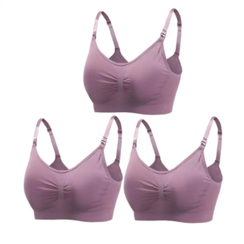 Set of 3 seamless, breathable lavender nursing and maternity bras with front clips and U-back design.