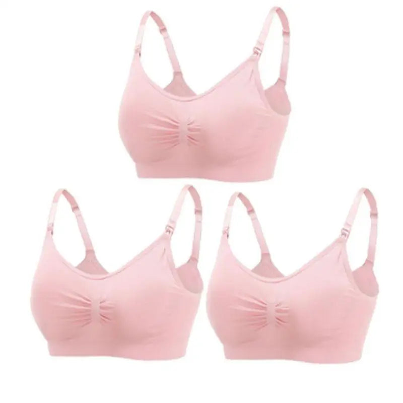 Set of 3 seamless, breathable pink maternity and nursing bras with adjustable straps and front clips.