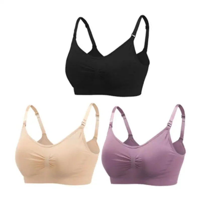 Set of 3 seamless, breathable nursing and maternity bras in black, beige, and purple.