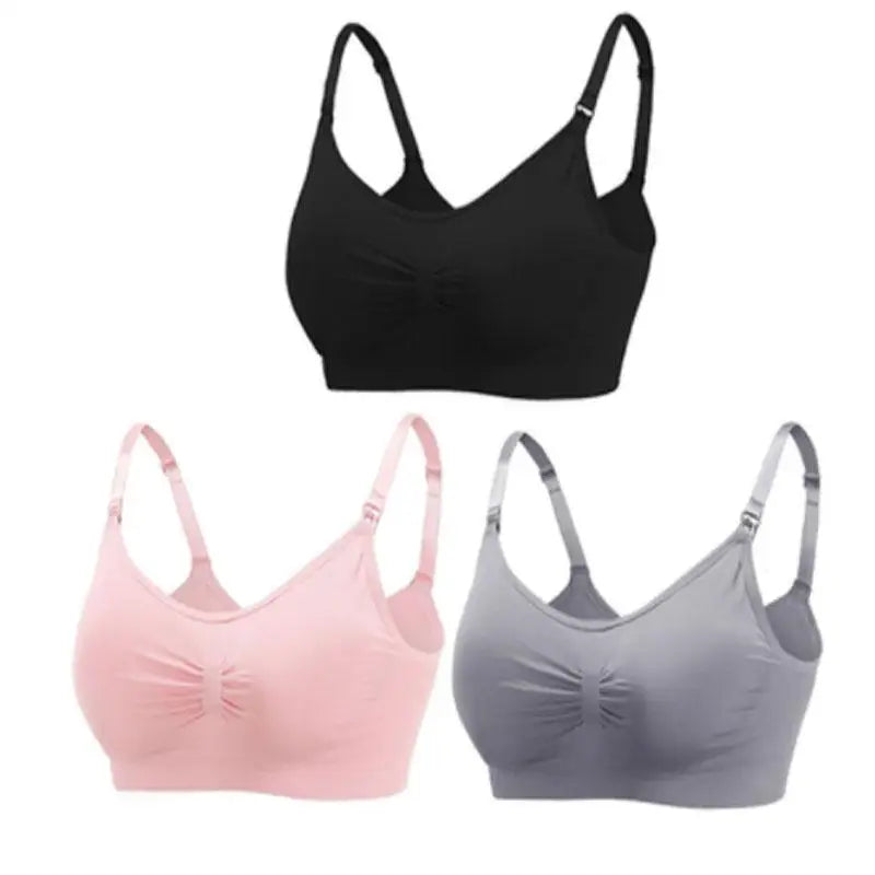 Set of 3 seamless, breathable nursing and maternity bras in black, pink, and grey with front clips.
