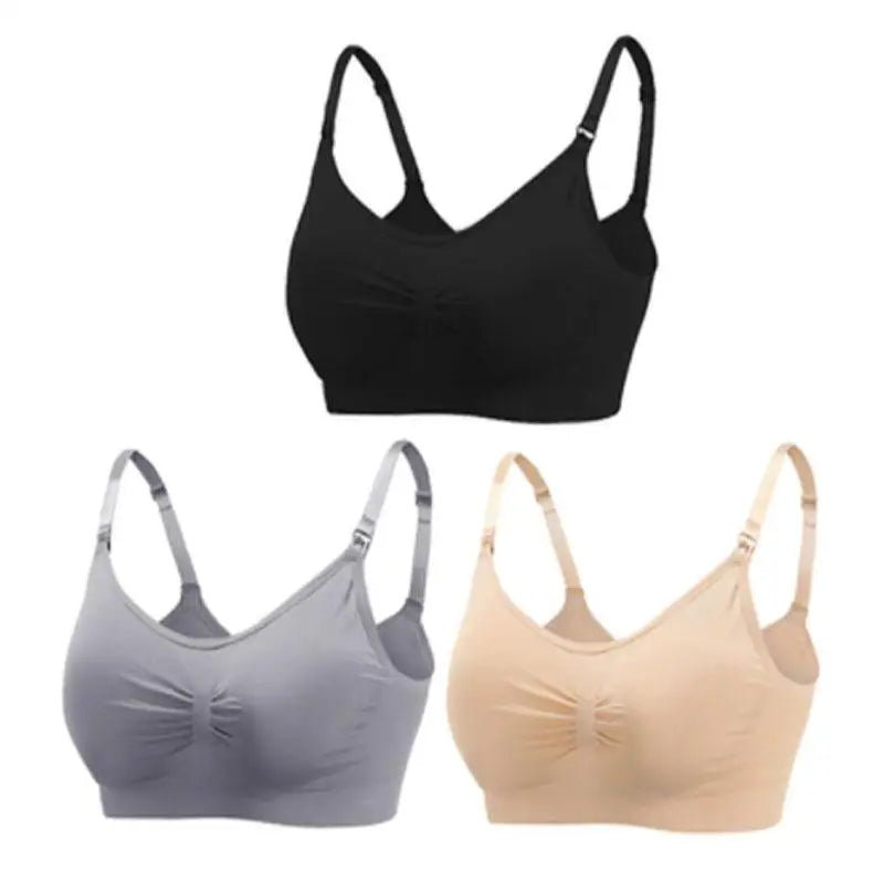 Set of 3 seamless, breathable nursing and maternity bras in black, grey, and beige with front clips.