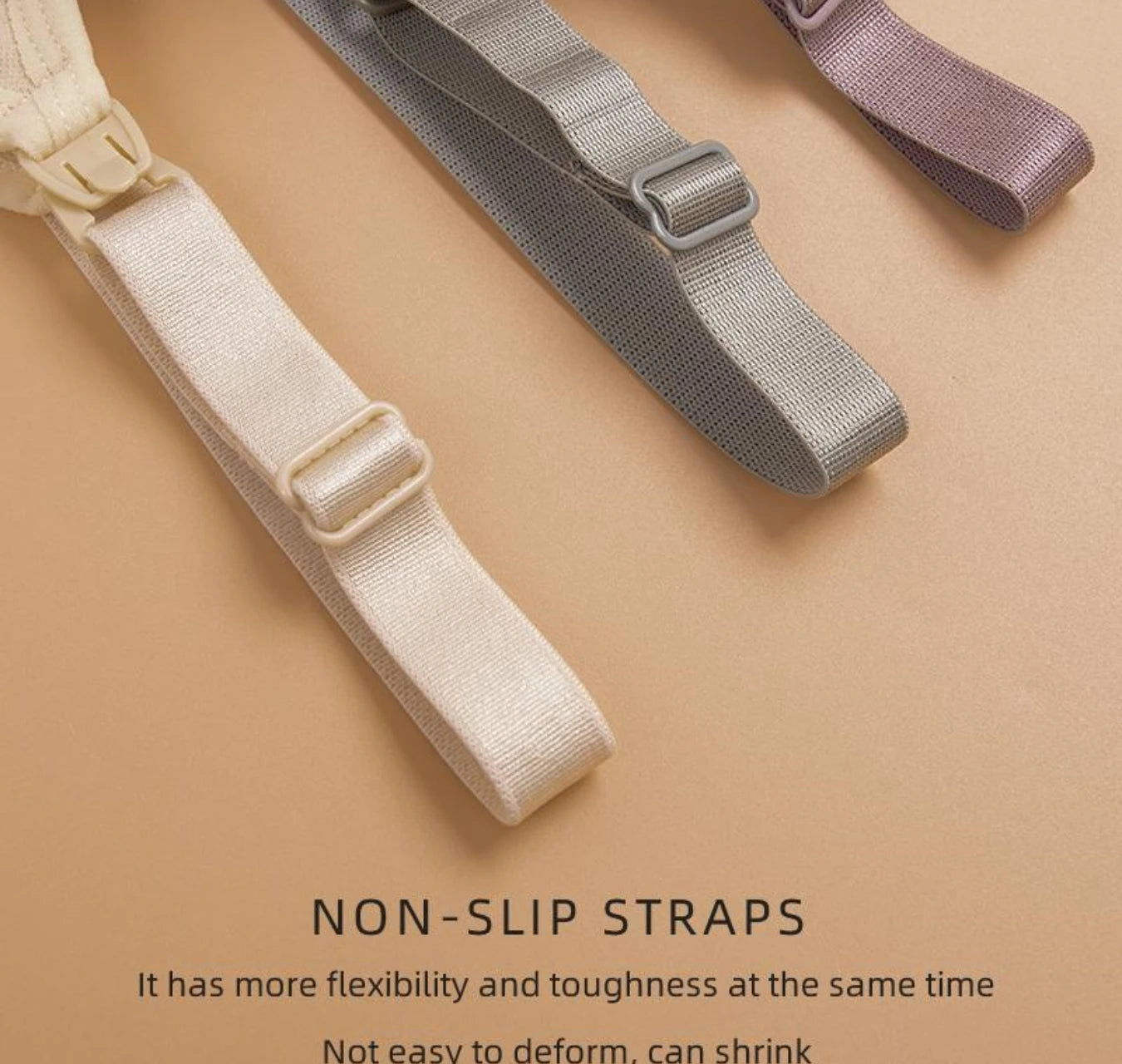 Three seamless nursing bras in beige, grey, and purple, showing adjustable non-slip straps.