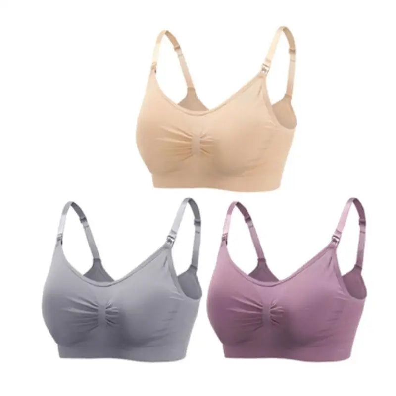 Set of 3 seamless, breathable nursing and maternity bras in beige, grey, and purple.