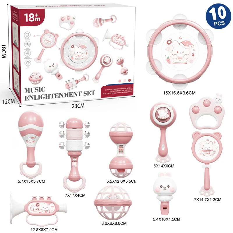 Pink Montessori musical rattle set for babies, featuring various shakers, teethers, and instruments.