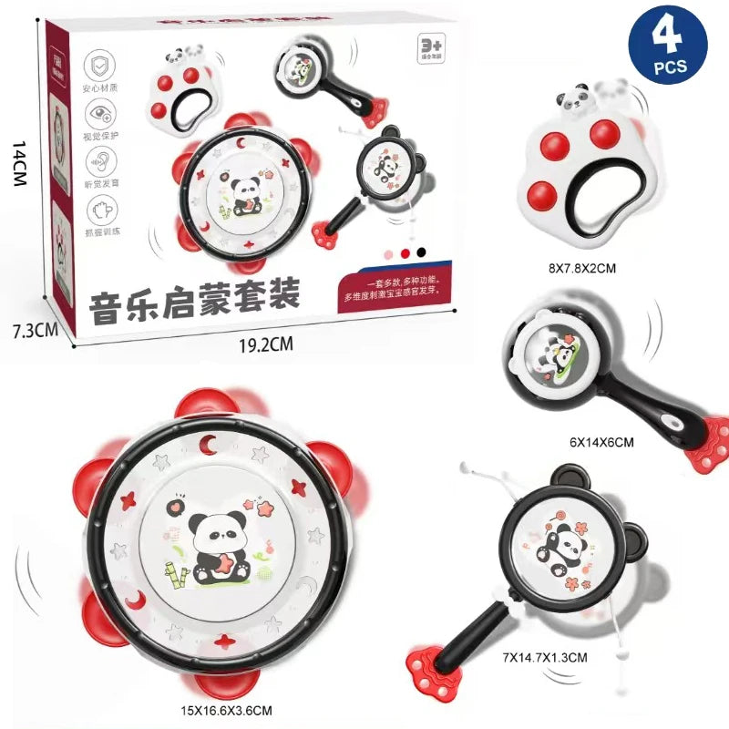 Montessori musical baby toy set with panda design, including a drum, rattles, and shakers in black, white, and red.