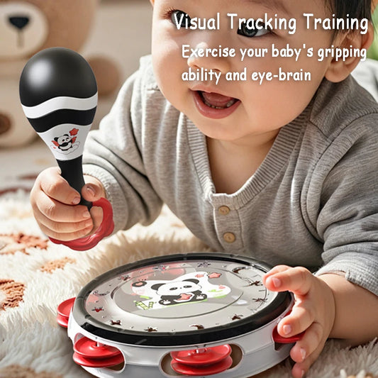Baby playing with black and white panda maraca and tambourine, Montessori musical toys.