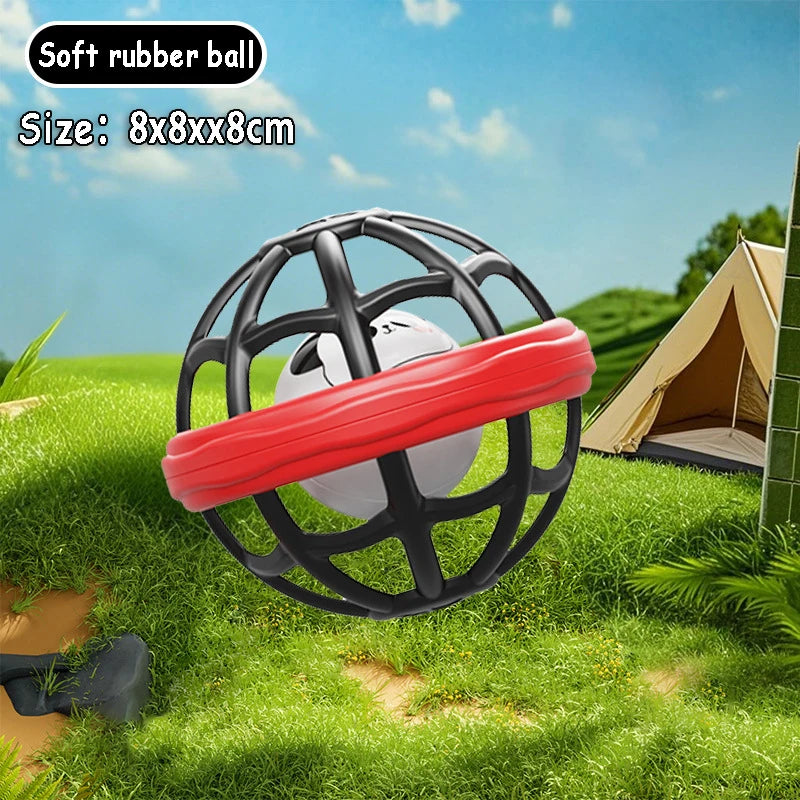 Black and red Montessori soft rubber ball rattle for babies, 8x8x8cm, on grass with a tent.