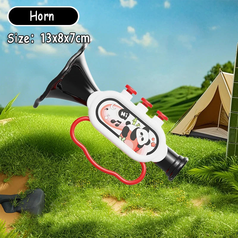 White and black plastic toy horn with red buttons and a panda design, 13x8x7cm.