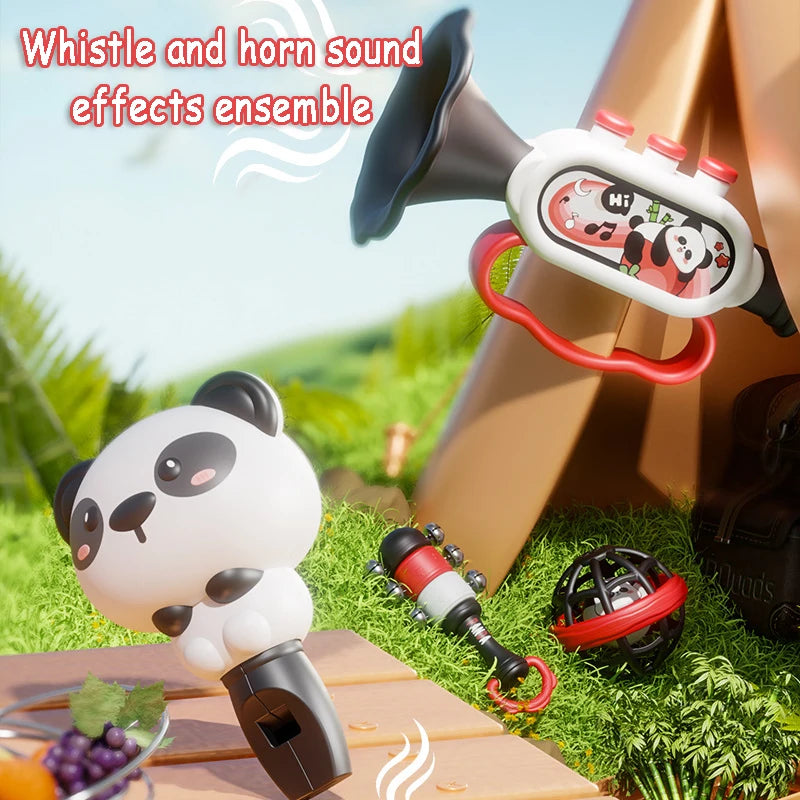 Montessori musical toy set with panda rattle, black and white trumpet, and red shaker for babies.