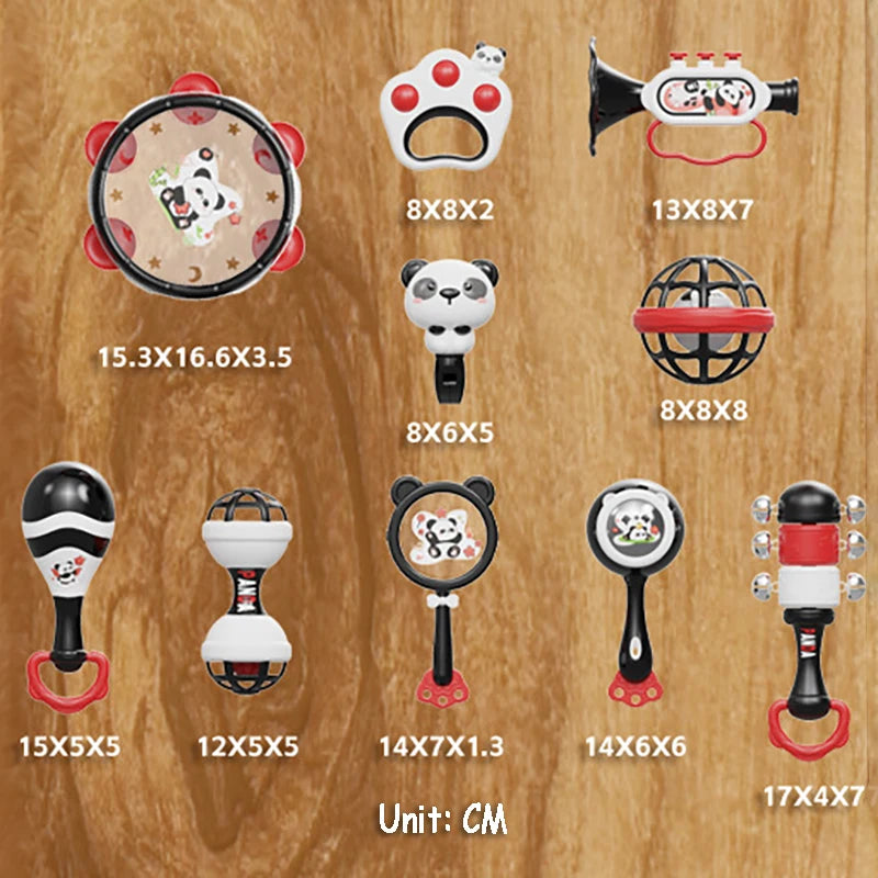 Montessori musical rattle toy set for babies, featuring pandas, black and white designs, and red accents.