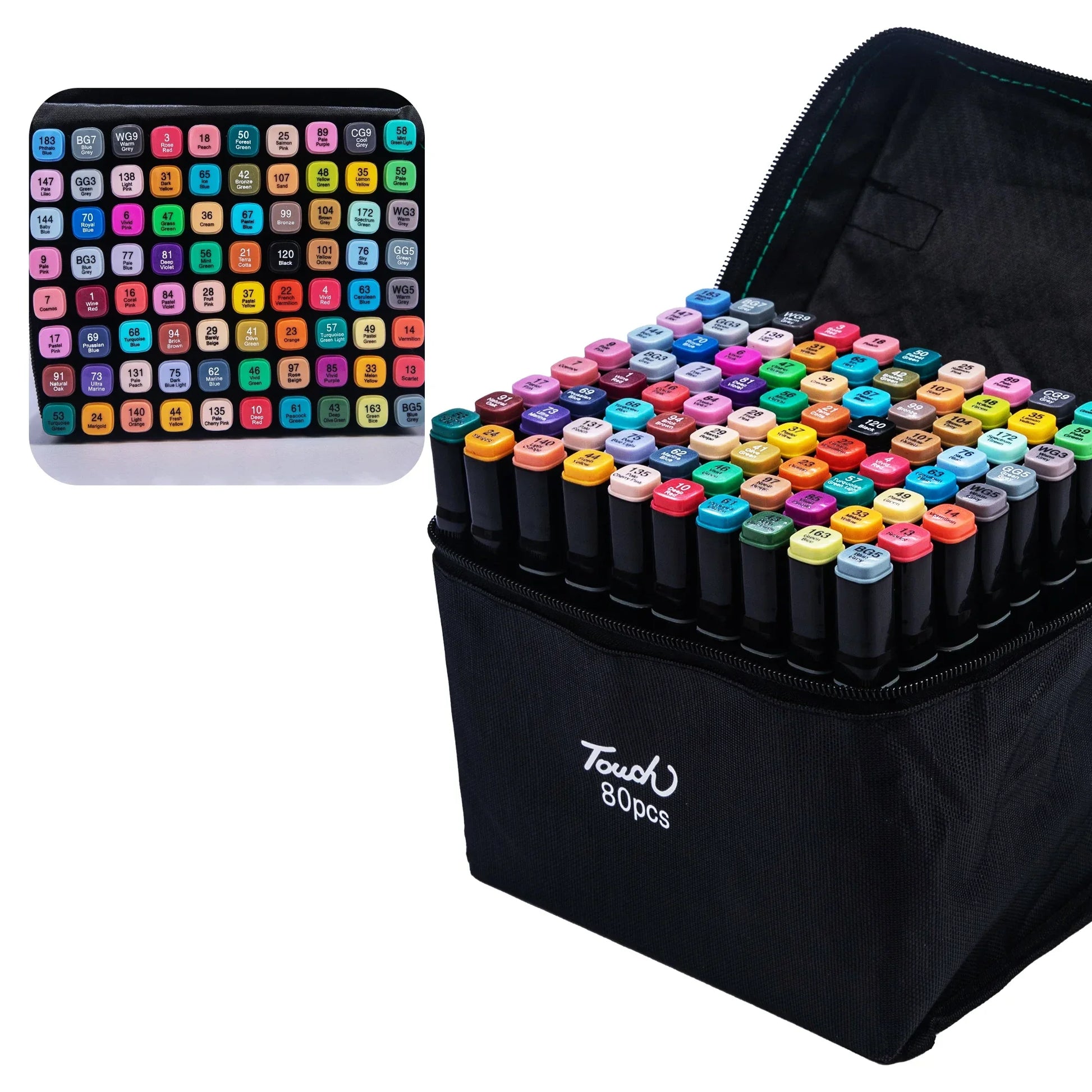 80 dual-tip professional art markers in a black zippered carry case, with a color swatch chart insert.