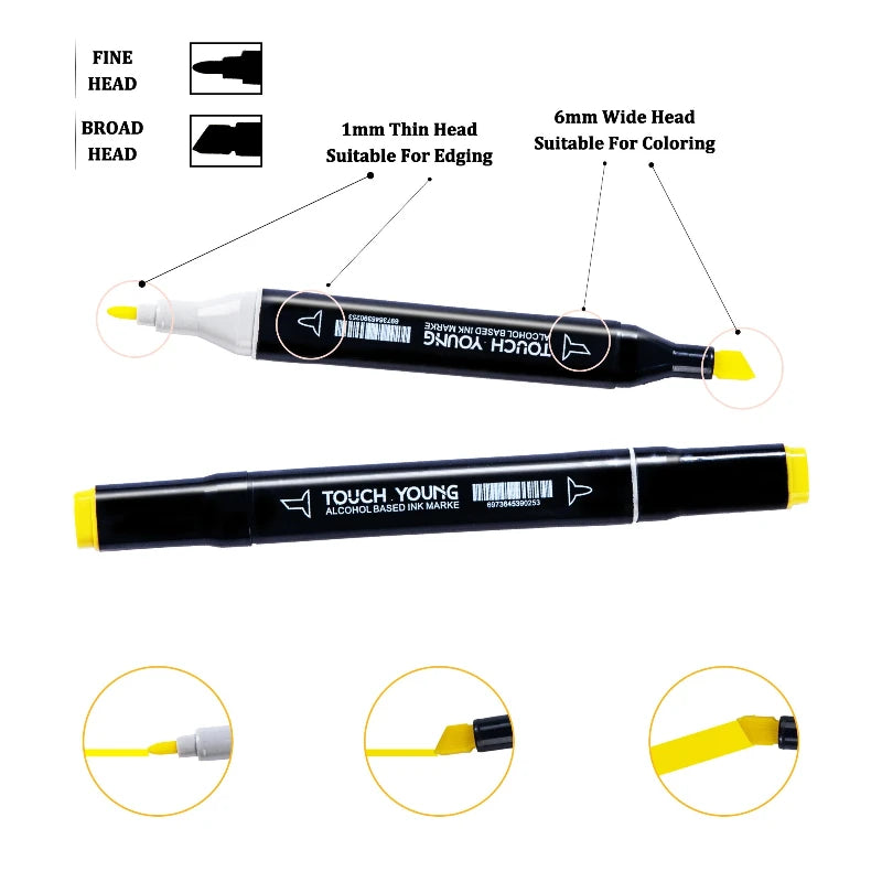 Black and white dual-tip alcohol-based markers with fine and broad yellow tips for drawing and coloring.