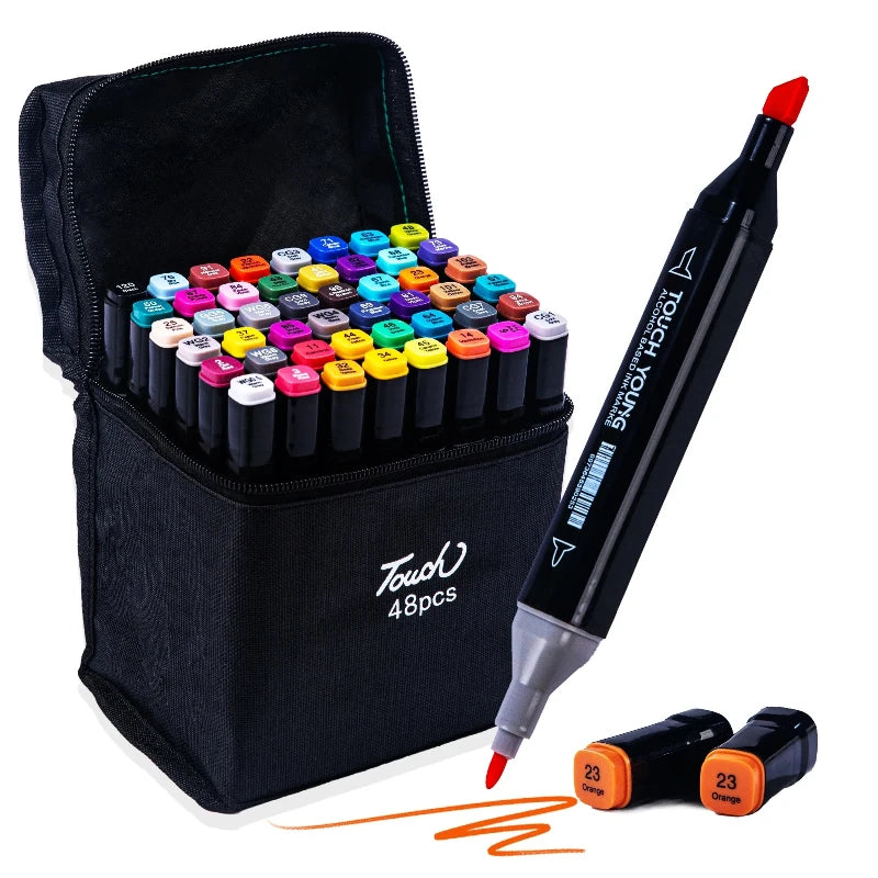 48-piece dual-tip alcohol markers in a black zippered case, with an orange marker drawing a line.