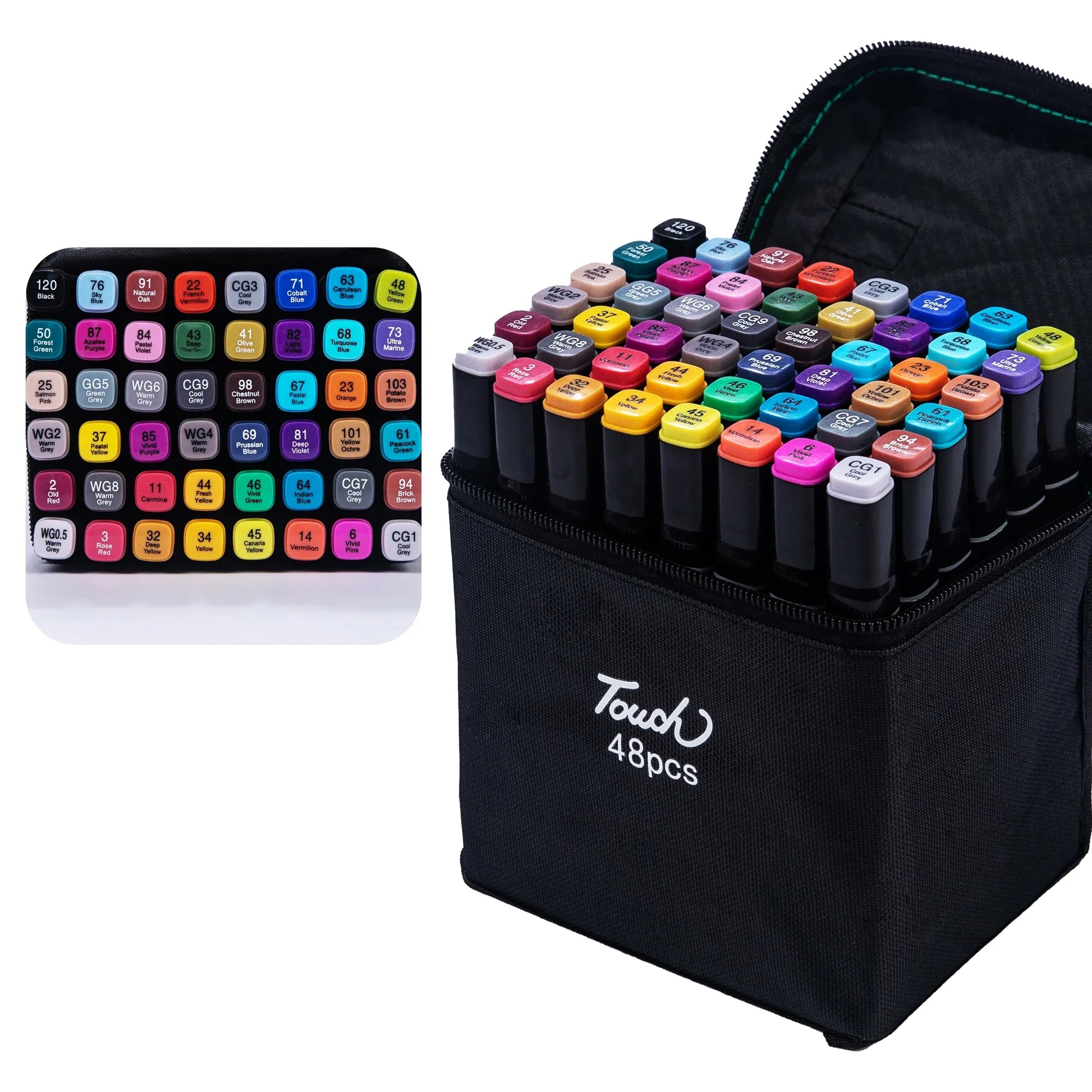 48 dual-tip professional art markers in a black canvas case, with a color chart.