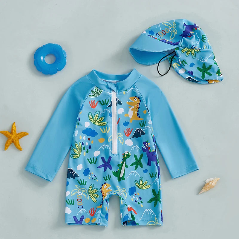 Blue long-sleeve rash guard swimsuit for babies 0-5 years, with dinosaur print and matching sun hat.