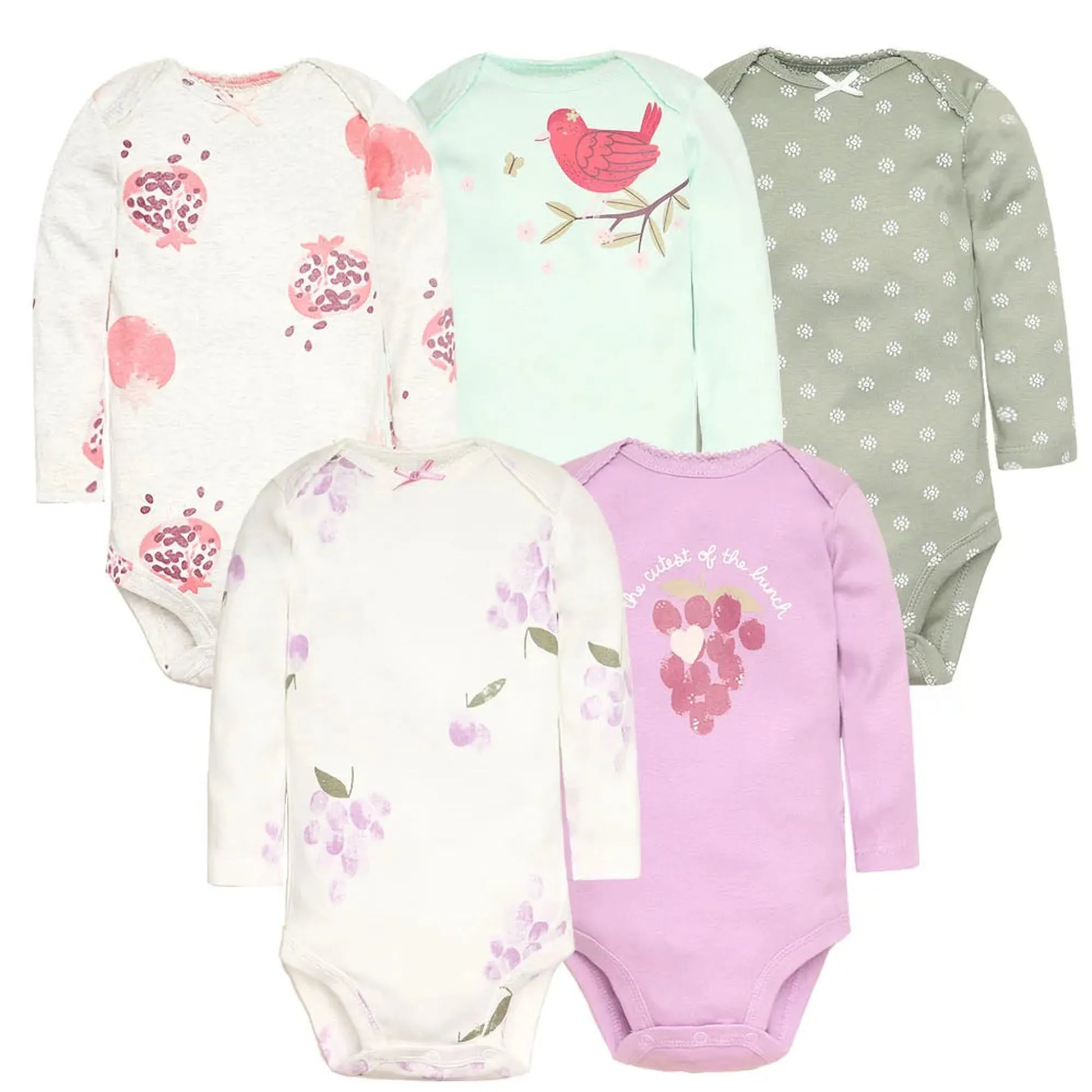 Five long-sleeve cotton baby bodysuits in white, mint, sage, and lavender with fruit and bird prints.