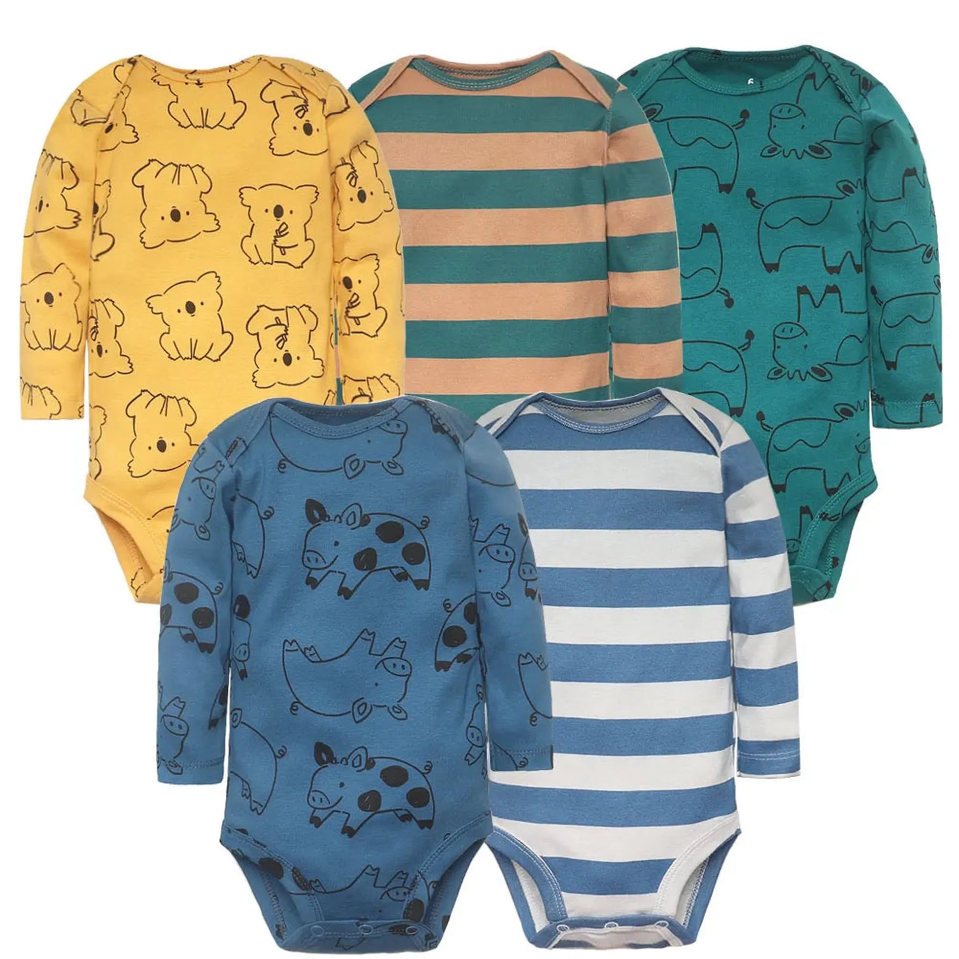Five long-sleeve baby bodysuits: yellow with bears, striped green/brown, teal with animals, blue with pigs, and striped blue/white.
