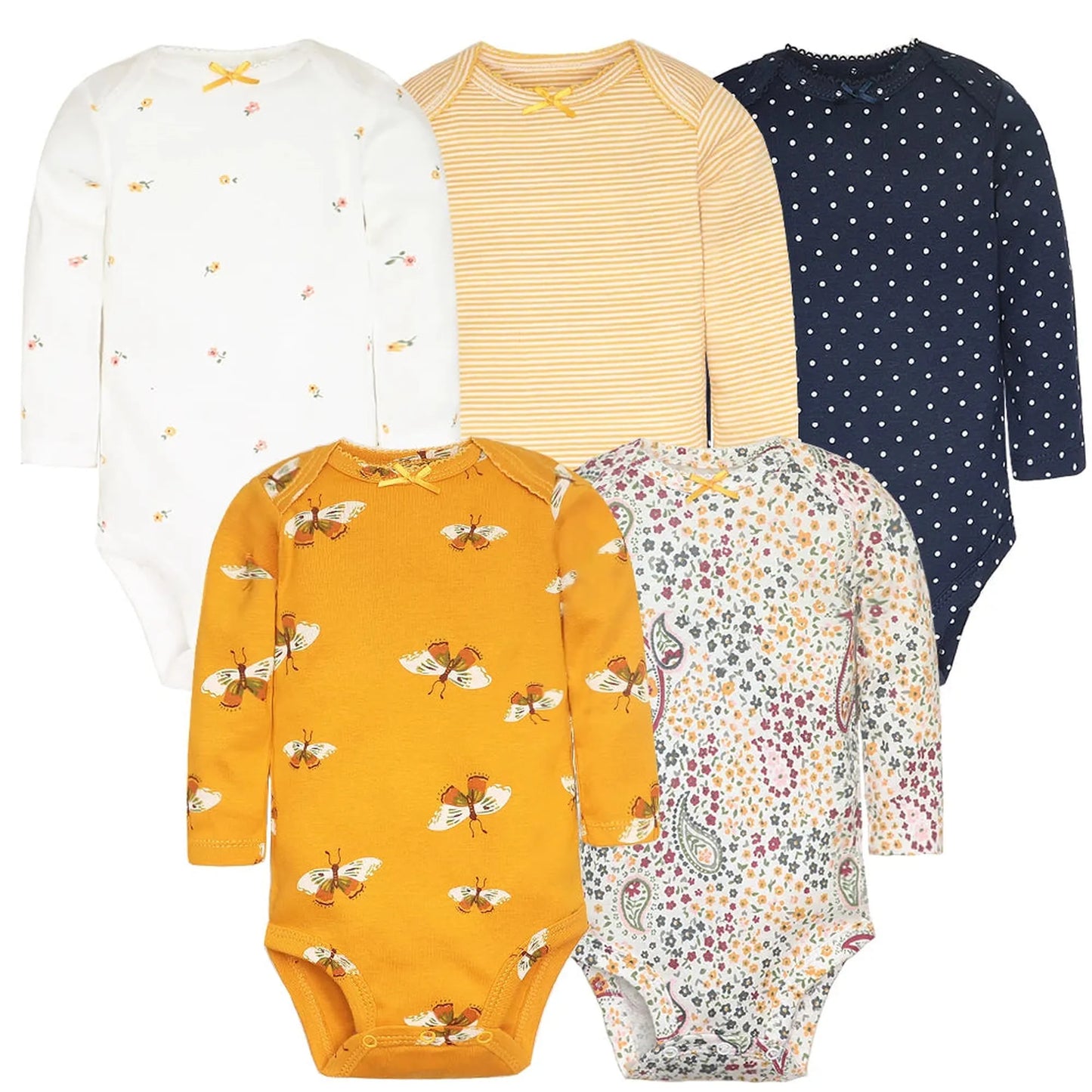 Five long-sleeve cotton baby bodysuits: white floral, yellow stripe, navy polka dot, mustard butterfly, and white paisley.