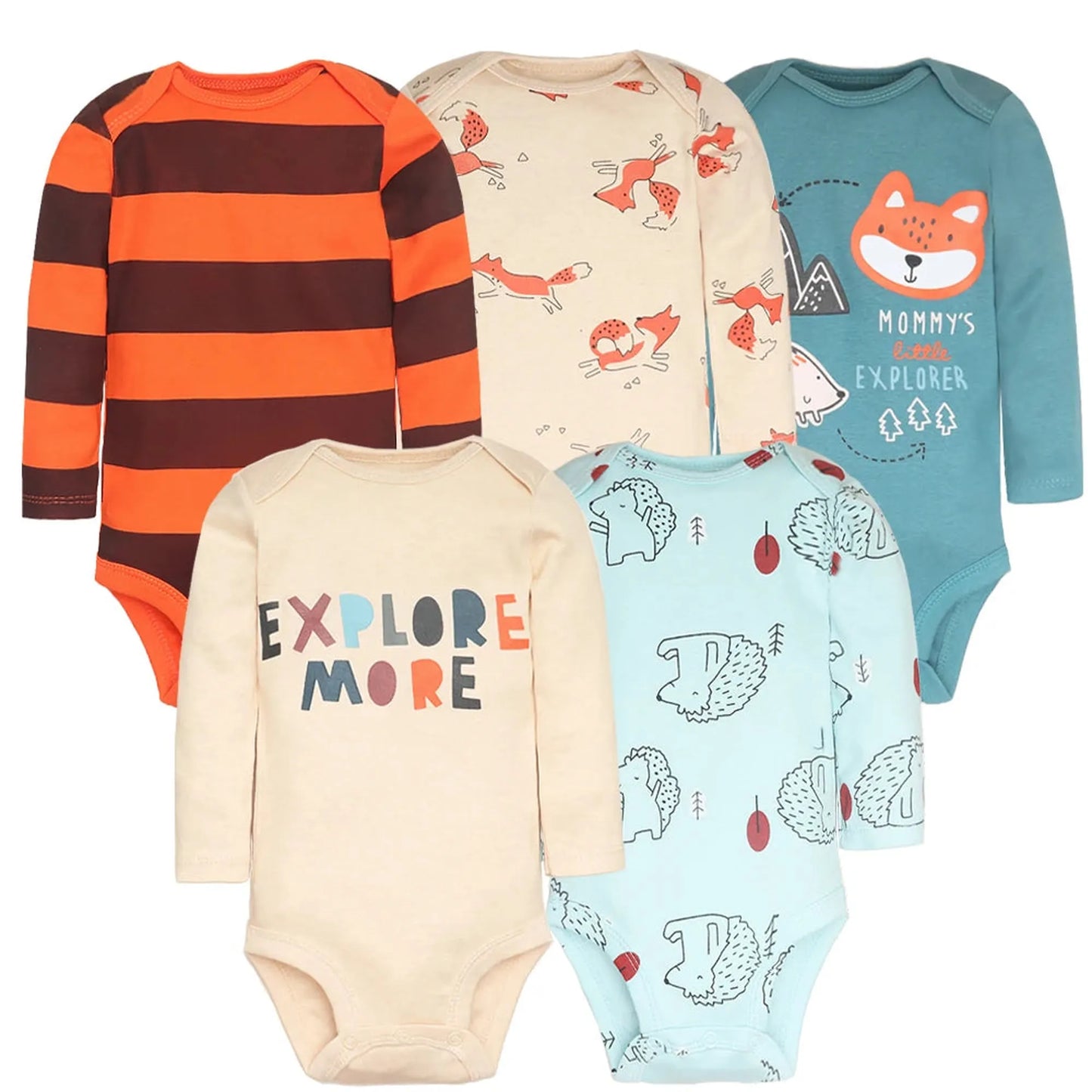 Five long-sleeve cotton baby bodysuits: orange stripes, beige foxes, blue fox, beige "EXPLORE MORE," and light blue hedgehogs.