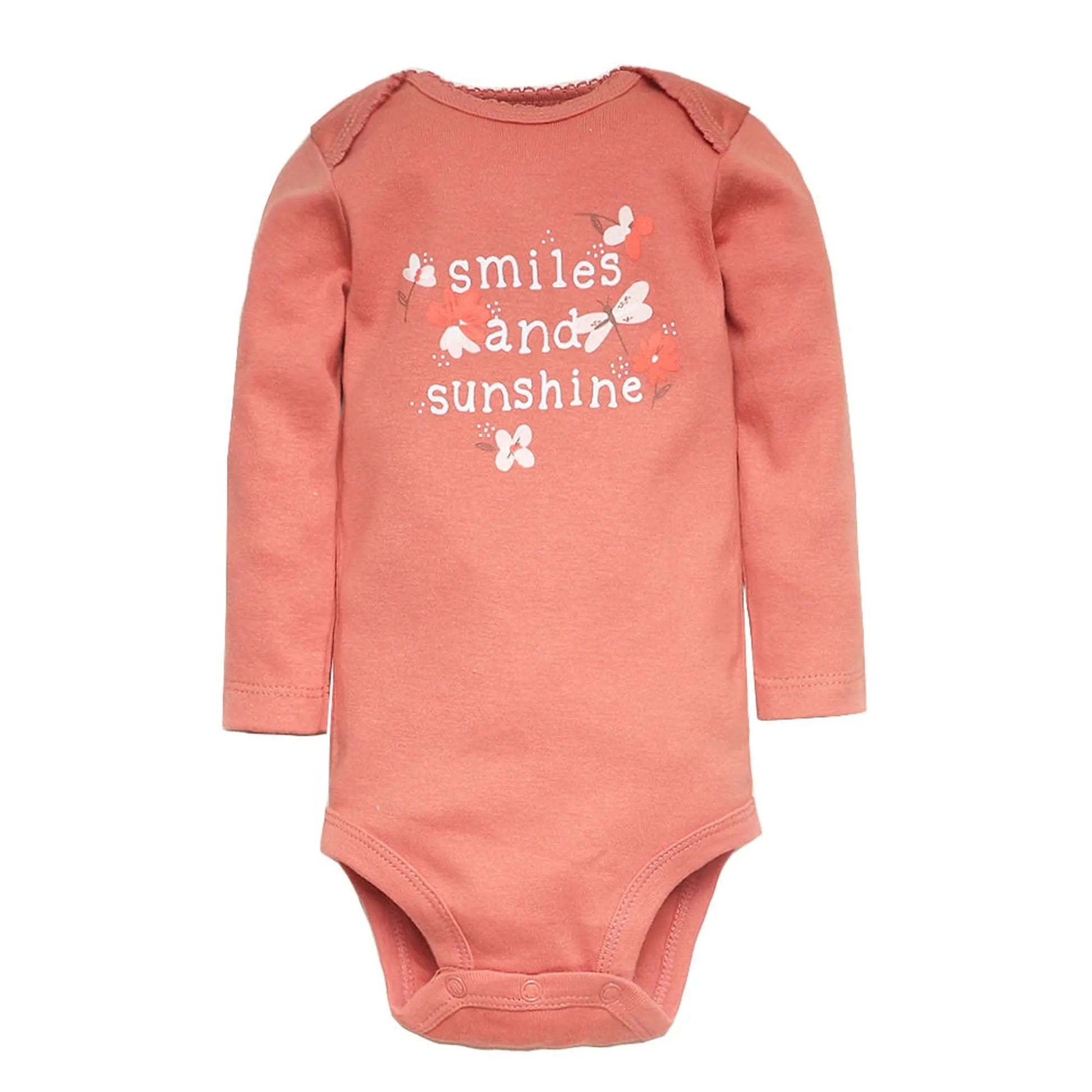 Soft pink long-sleeve cotton baby bodysuit with "smiles and sunshine" floral graphic.