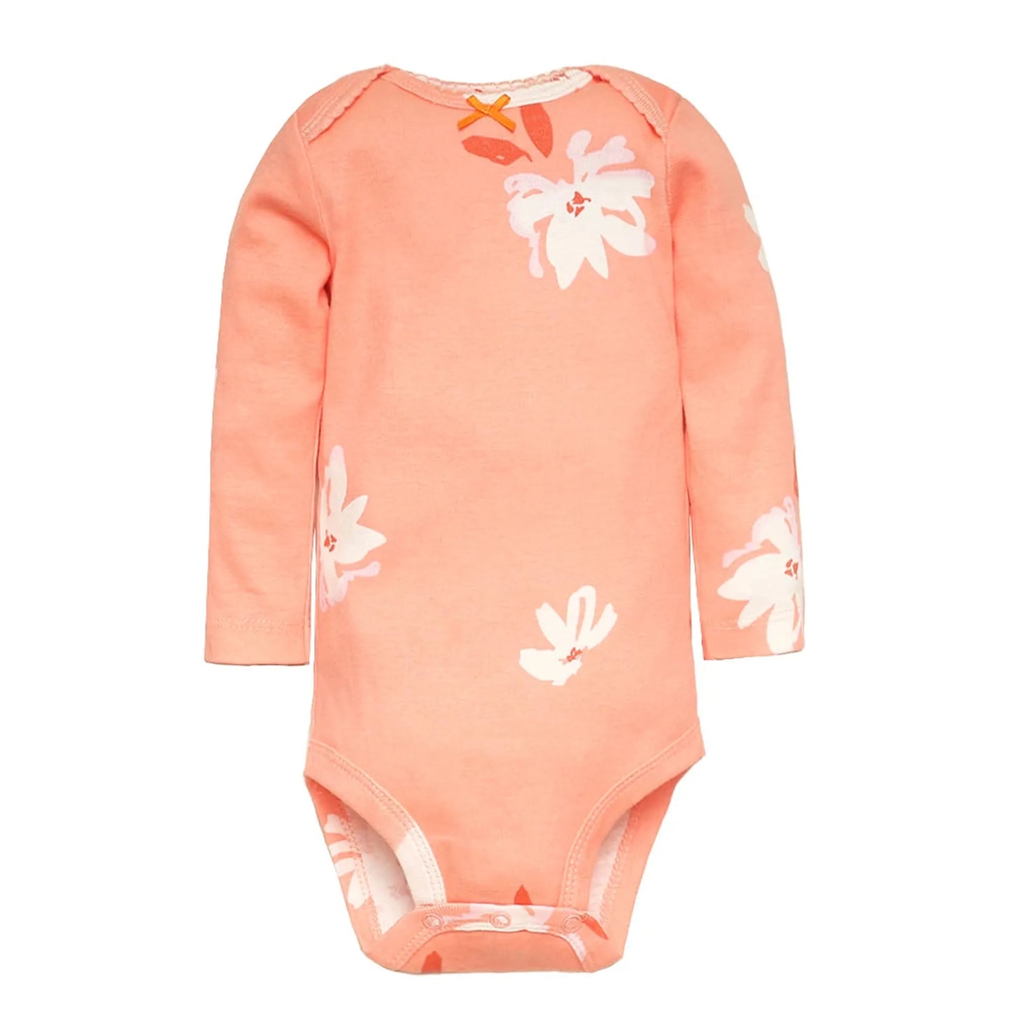 Soft peach long-sleeve cotton baby bodysuit with white floral print and orange bow detail.