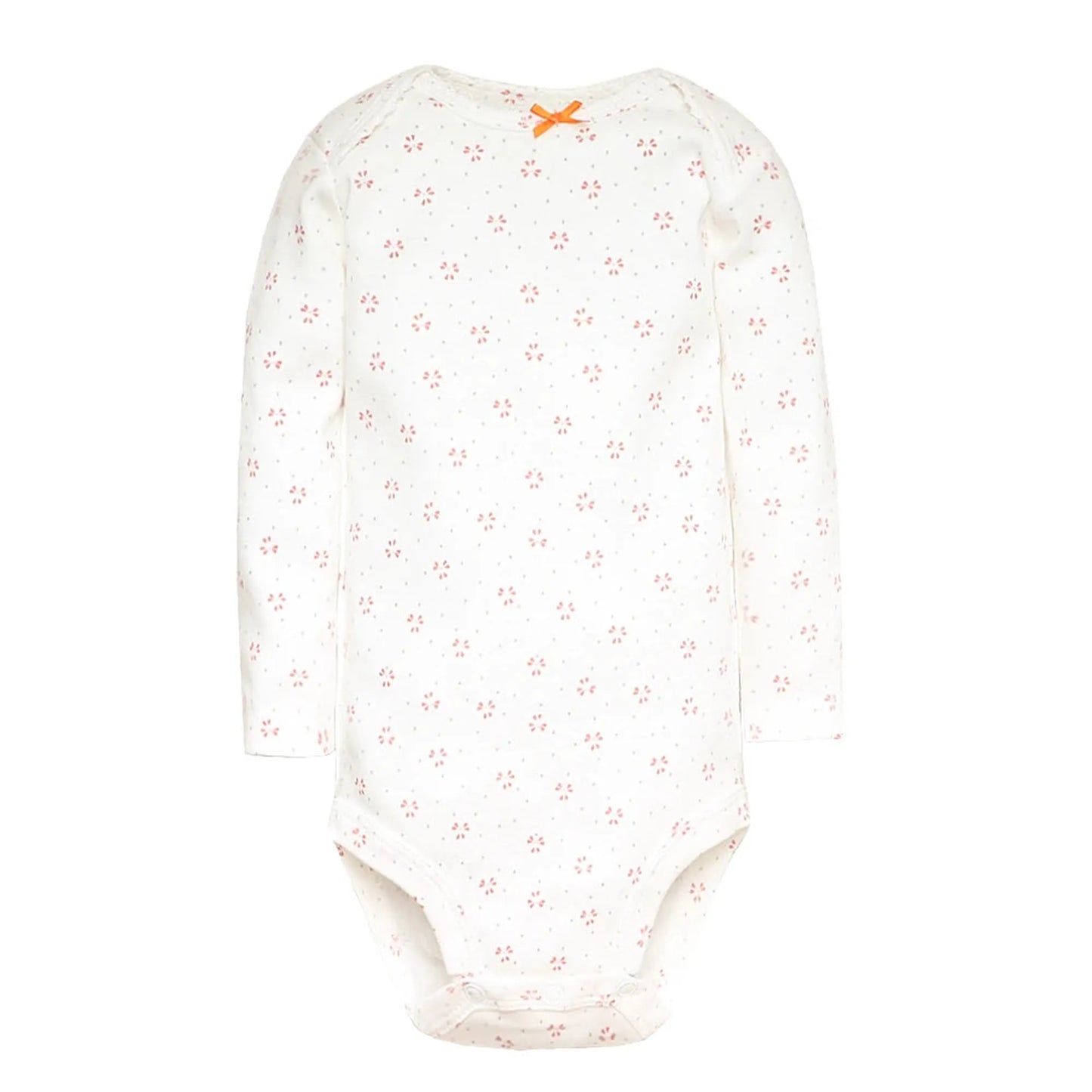 White long-sleeve baby bodysuit with a delicate pink floral print and a small orange bow at the neckline.