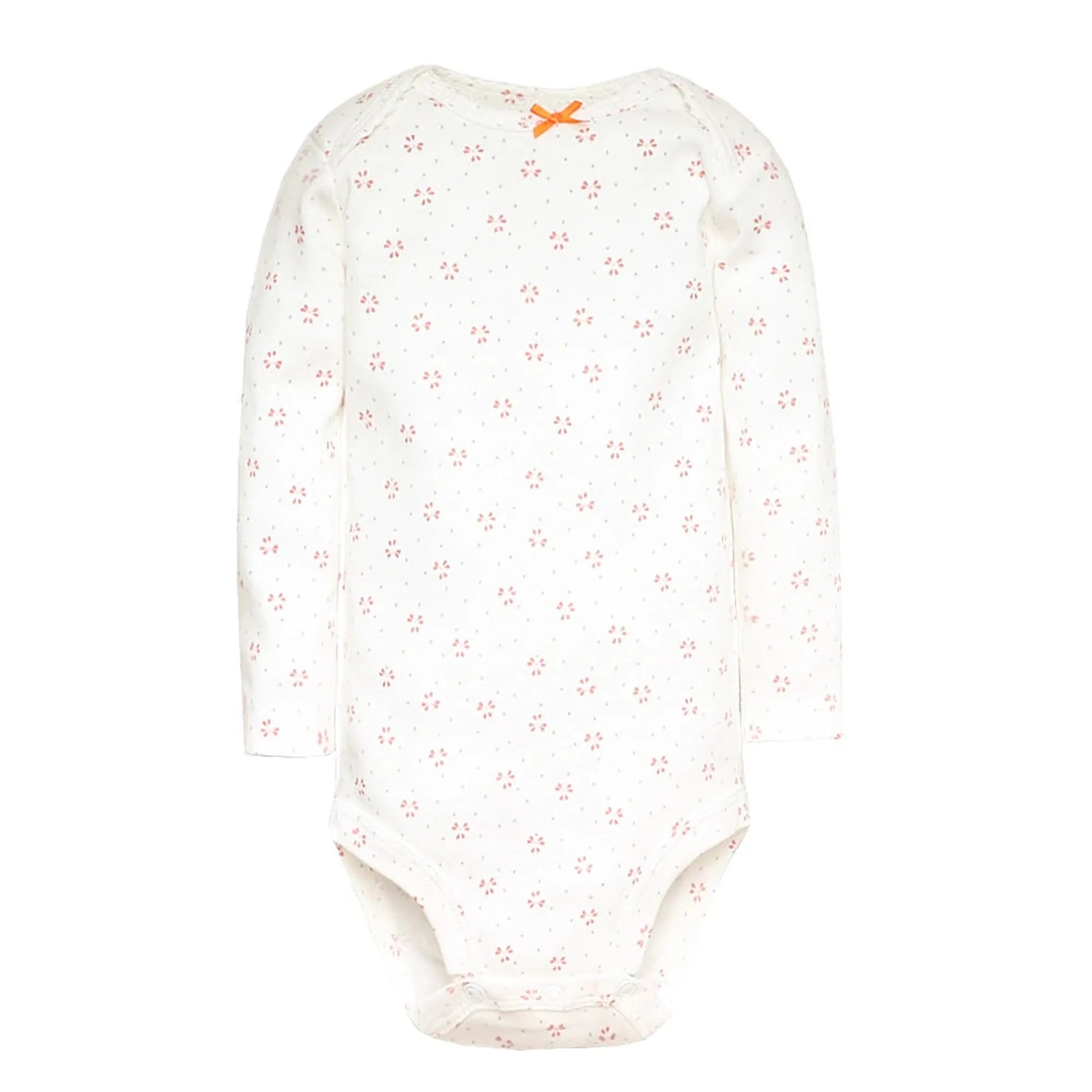 White long-sleeve baby bodysuit with a delicate pink floral print and a small orange bow at the neckline.