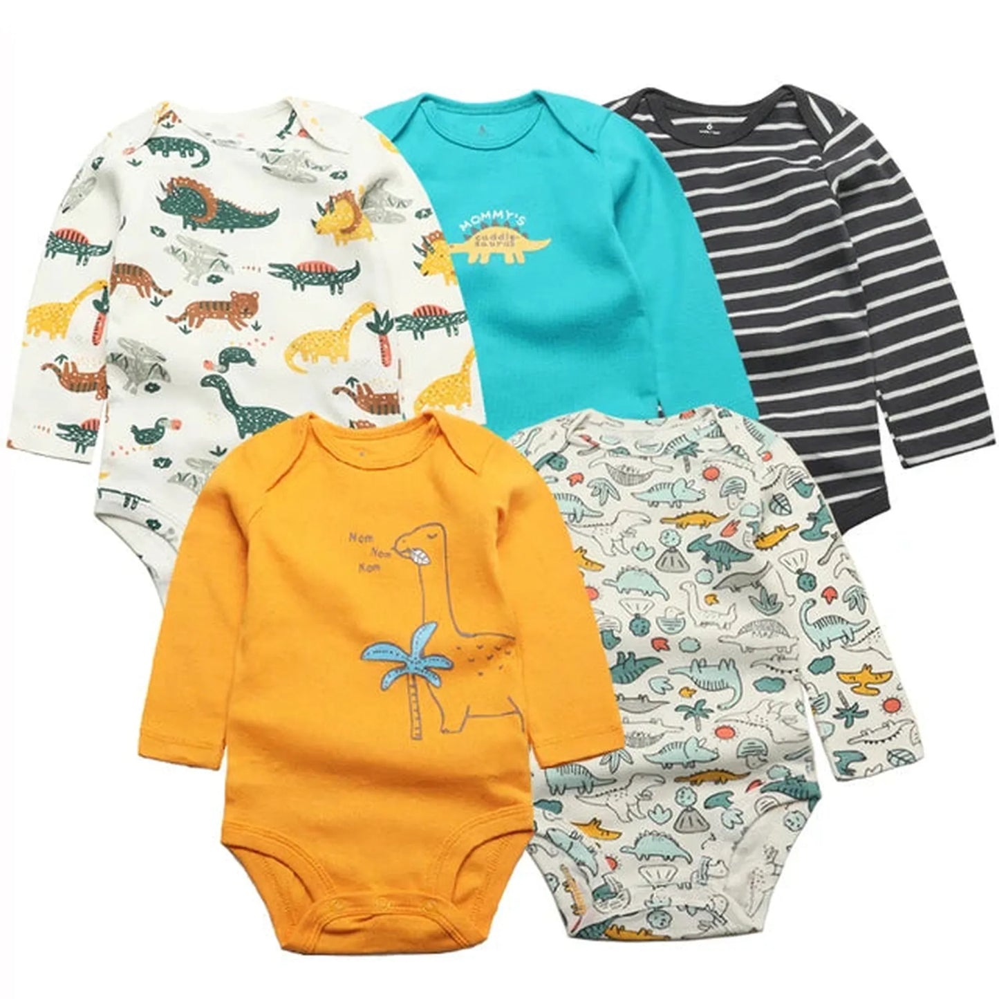 Set of 5 long-sleeve cotton baby bodysuits with dinosaur prints, stripes, and solid colors.