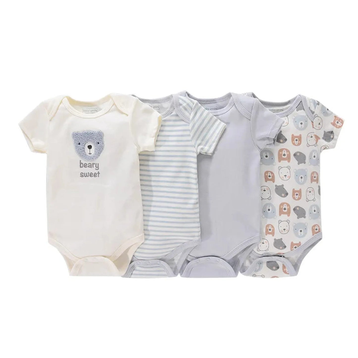 Four soft cotton baby bodysuits: white with a bear, blue stripes, solid light blue, and a bear pattern.