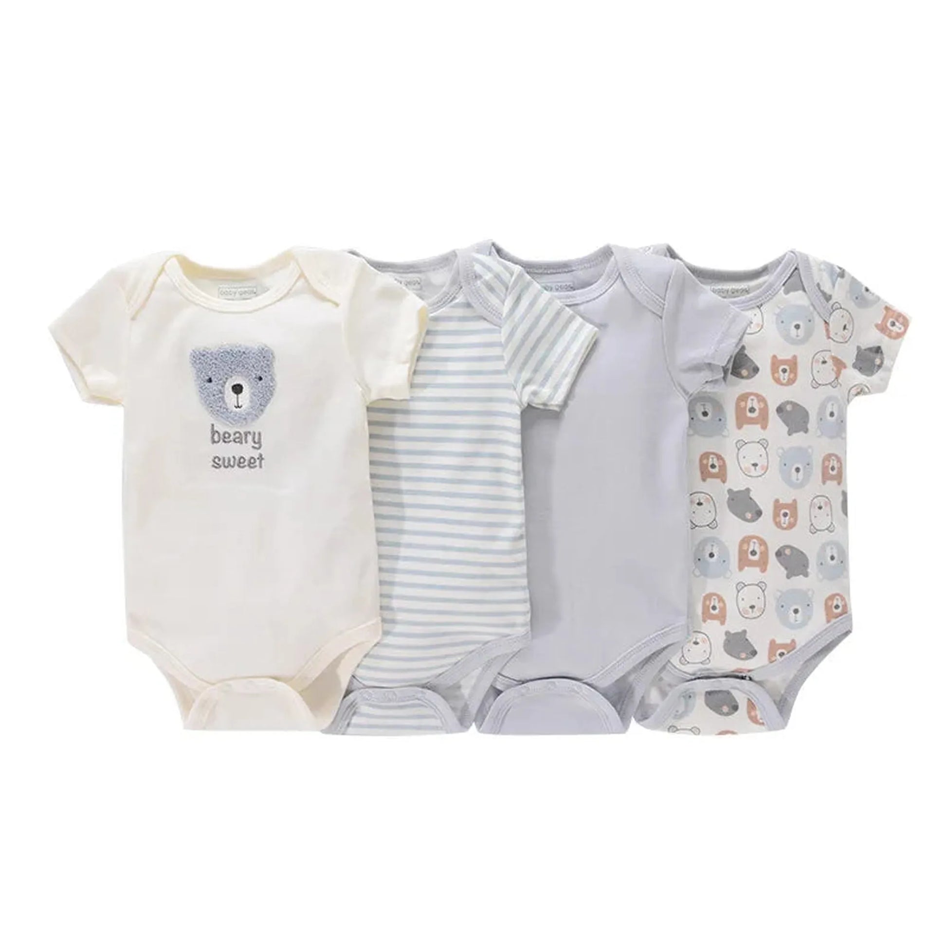 Four soft cotton baby bodysuits: white with a bear, blue stripes, solid light blue, and a bear pattern.
