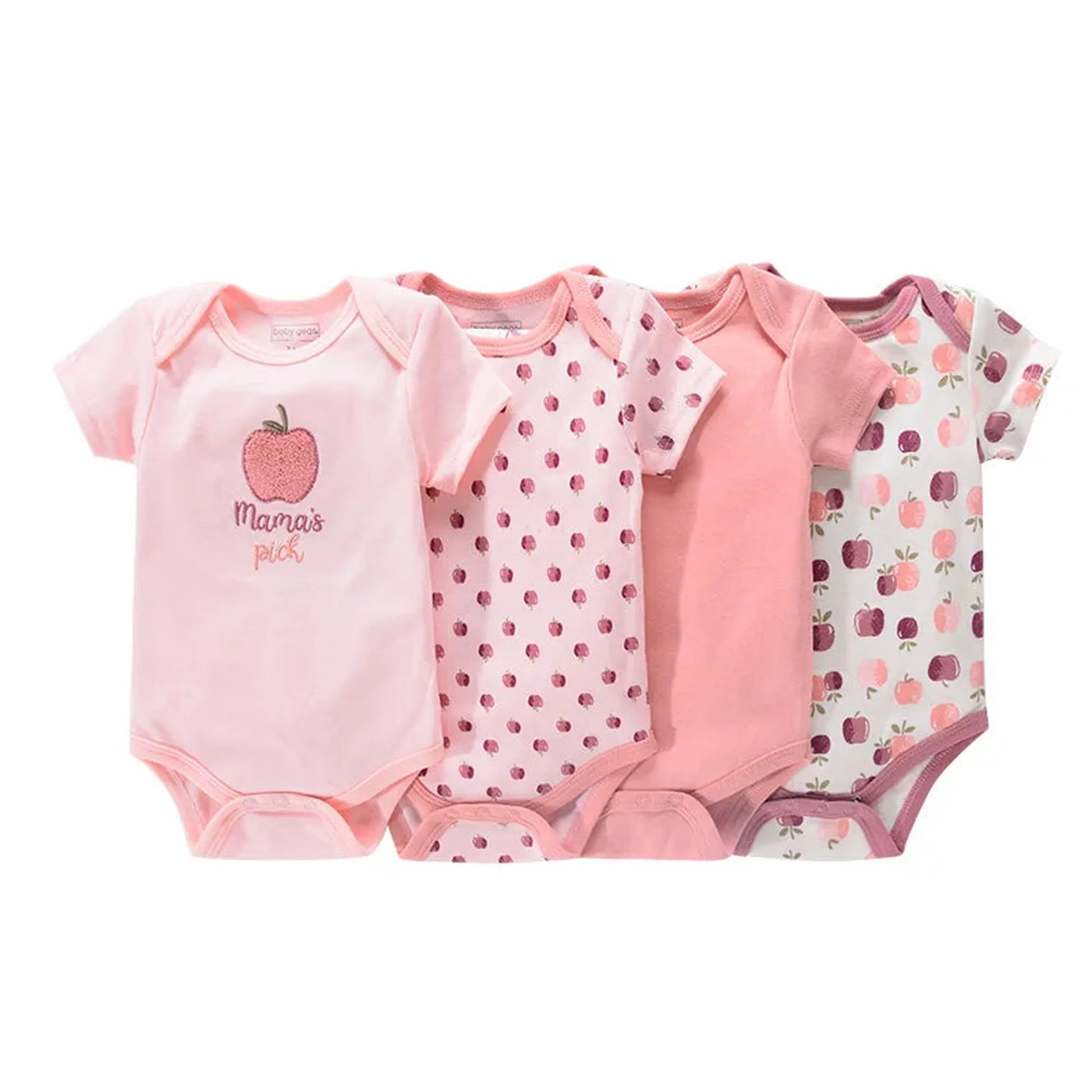 Four pink cotton baby bodysuits with short sleeves and apple prints.