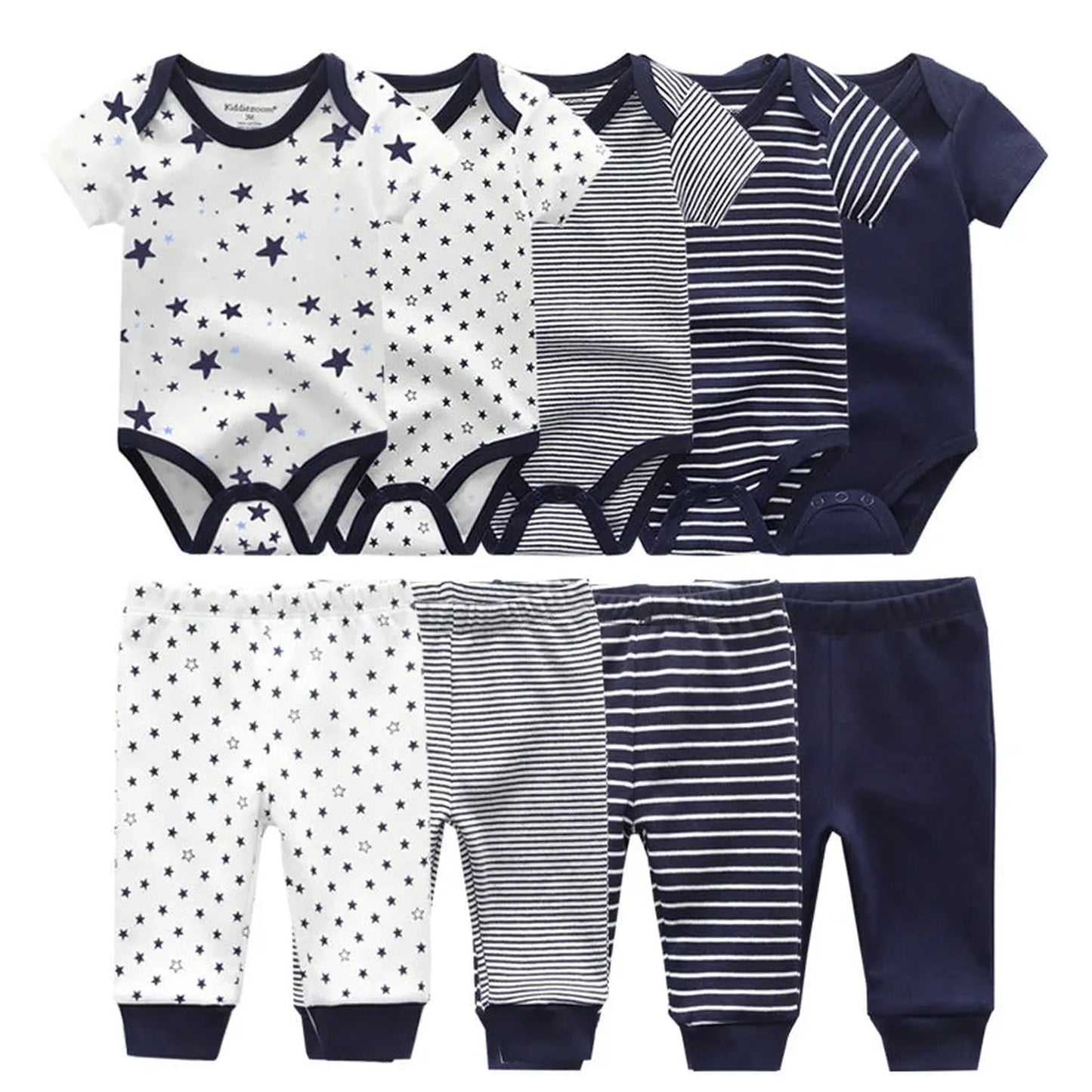 Navy and white cotton baby bodysuit and pants set with stars and stripes.