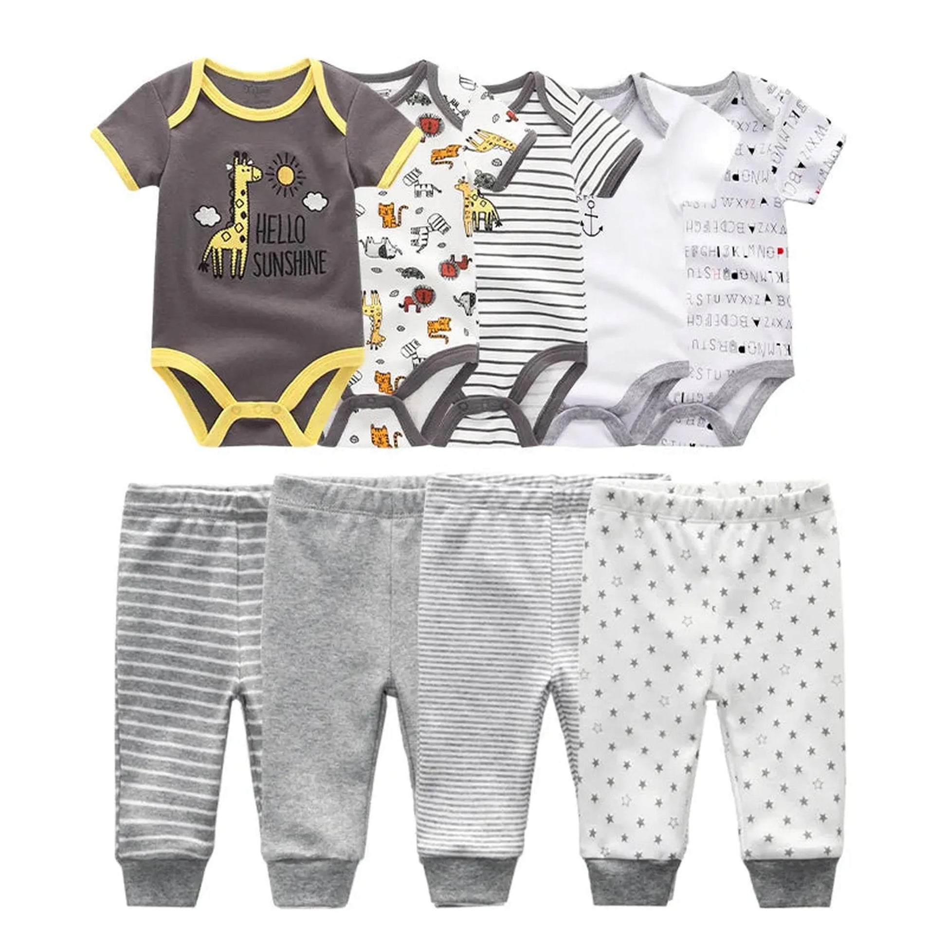 Soft cotton baby bodysuit and pants set in gray, white, and yellow with various prints.