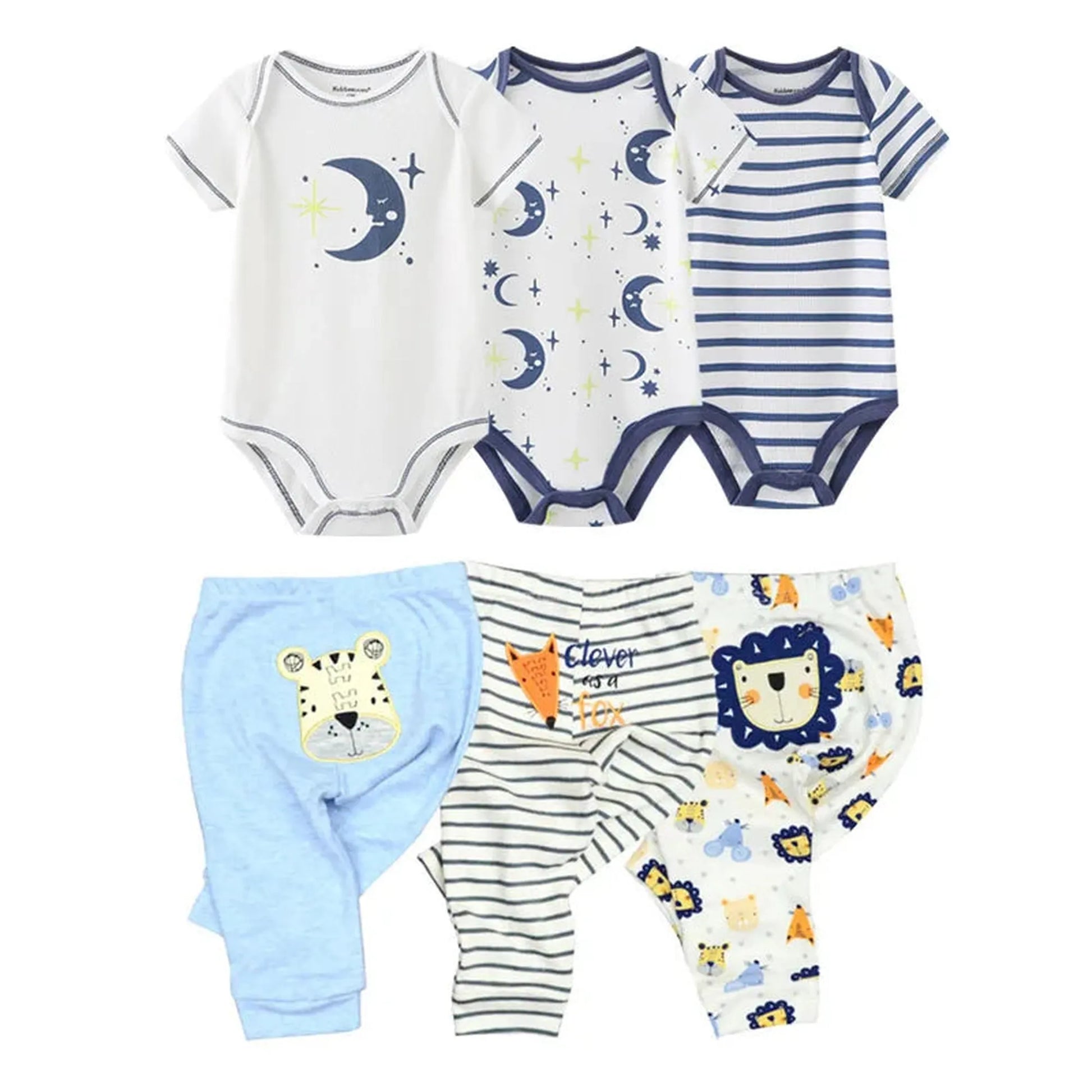 Soft cotton baby bodysuit and pants set with moon, stripes, and animal prints.