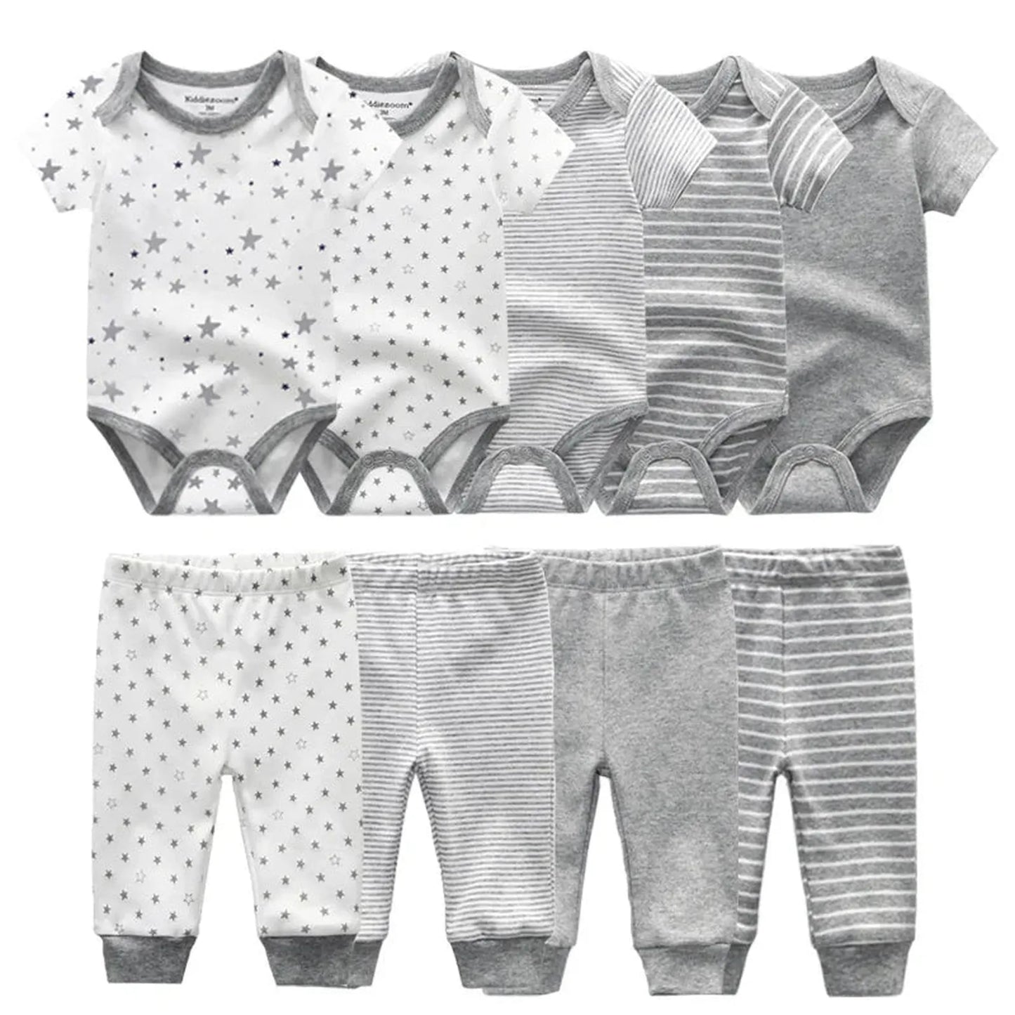 Gray and white cotton baby bodysuit and pants set with stars and stripes.
