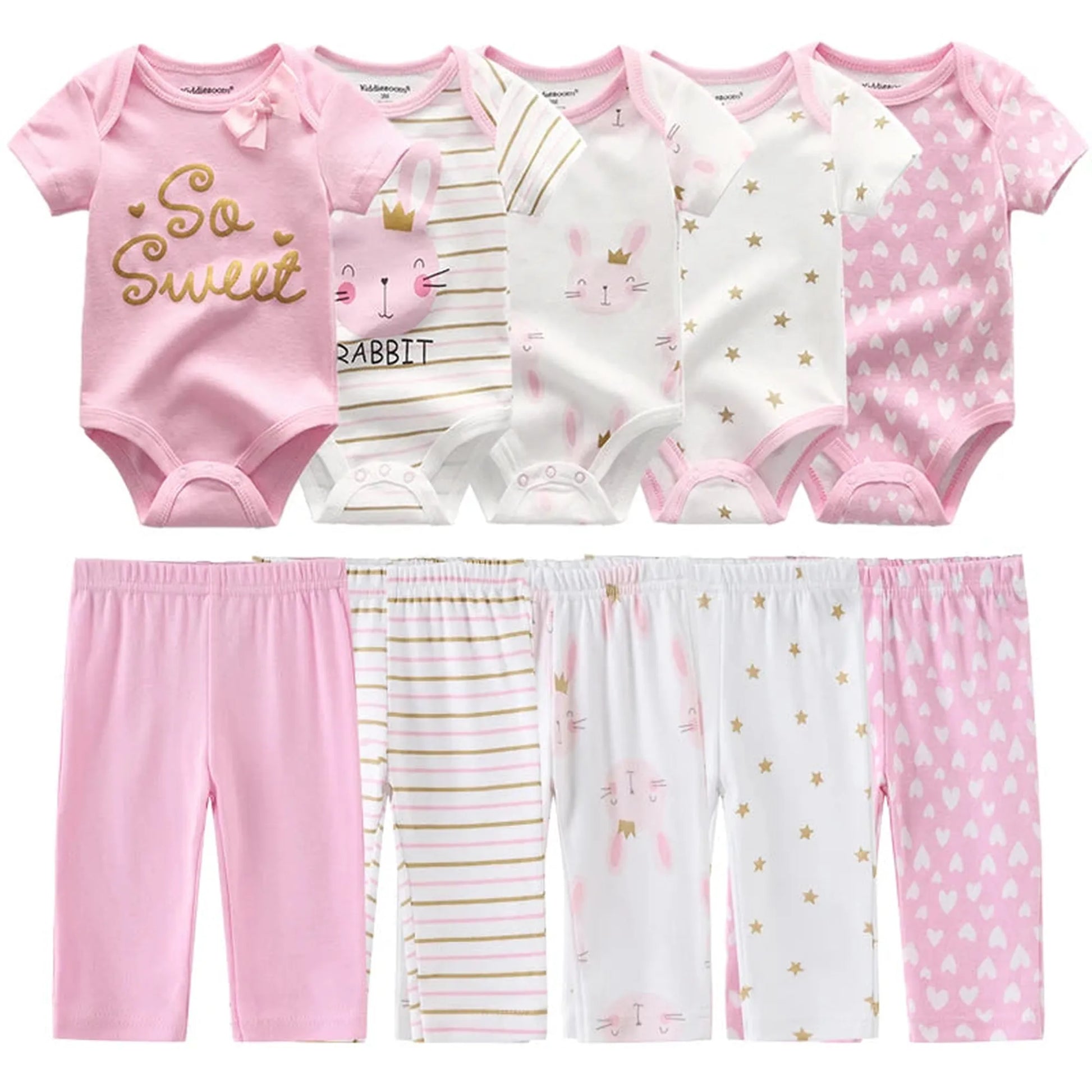 Pink and white cotton baby bodysuits and pants set with bunny, star, and heart prints.