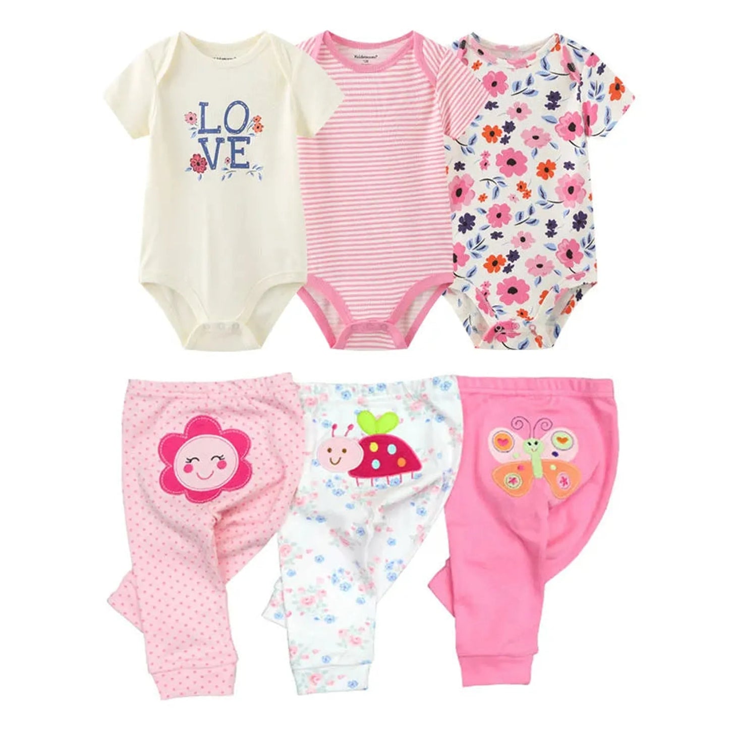 Six-piece baby cotton bodysuit and pants set: three short-sleeve bodysuits (white "LOVE", pink stripe, floral) and three pants (pink flower, white ladybug, pink butterfly).