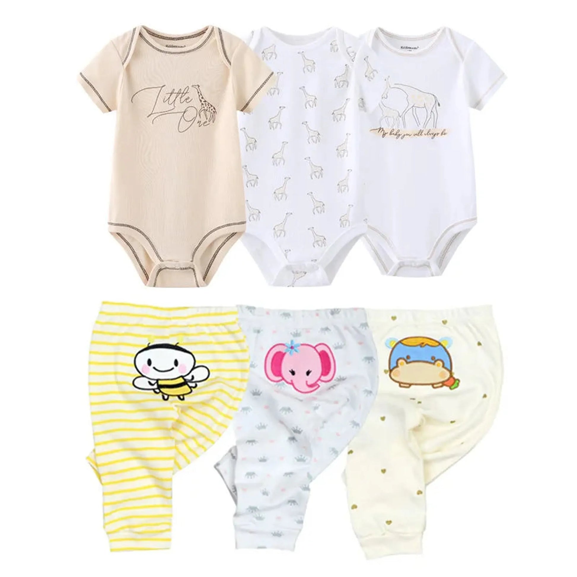 Six-piece baby cotton bodysuit and pants set with animal prints.
