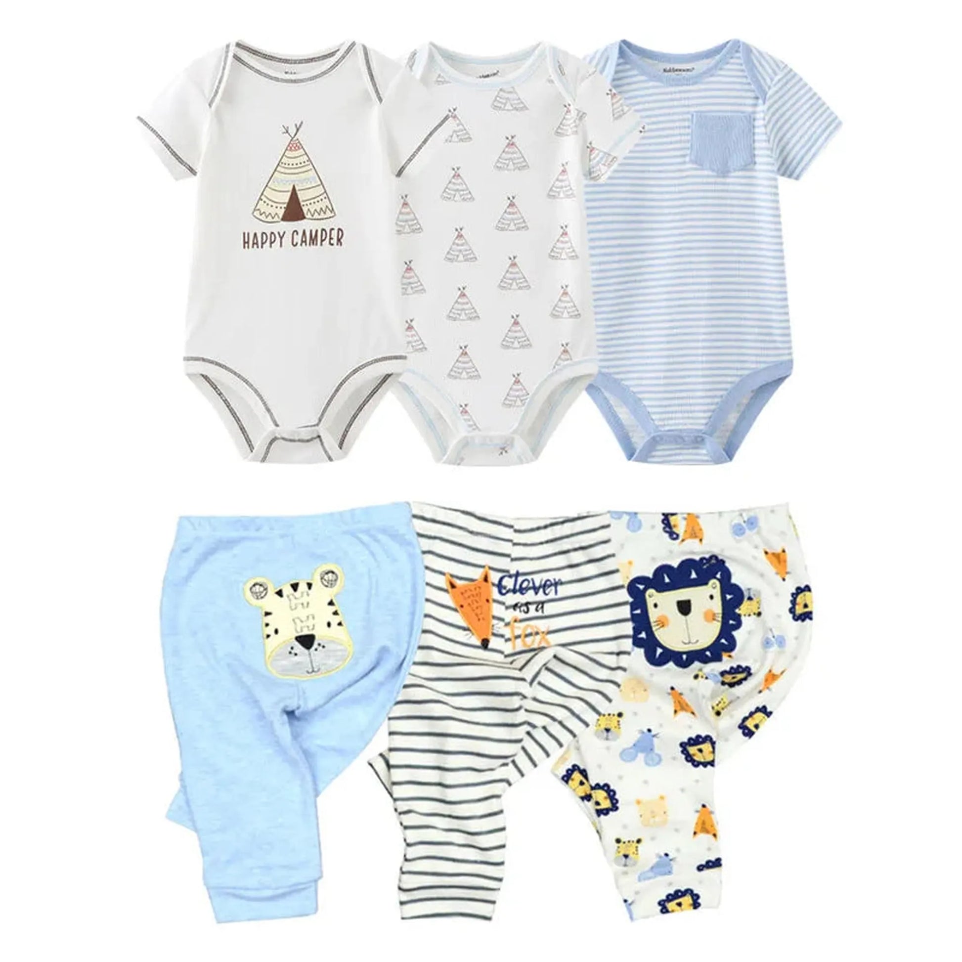 Soft cotton baby bodysuits and pants set with colorful animal and tent prints.