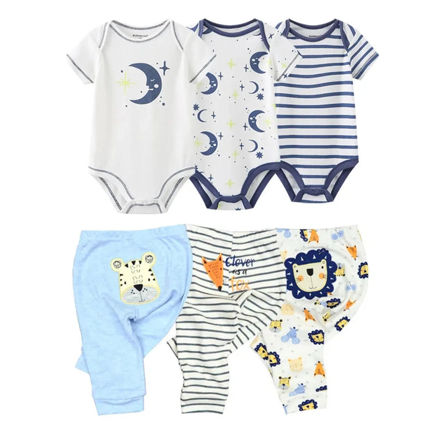 Soft cotton baby bodysuits and pants set with colorful moon, stripes, tiger, fox, and lion prints.