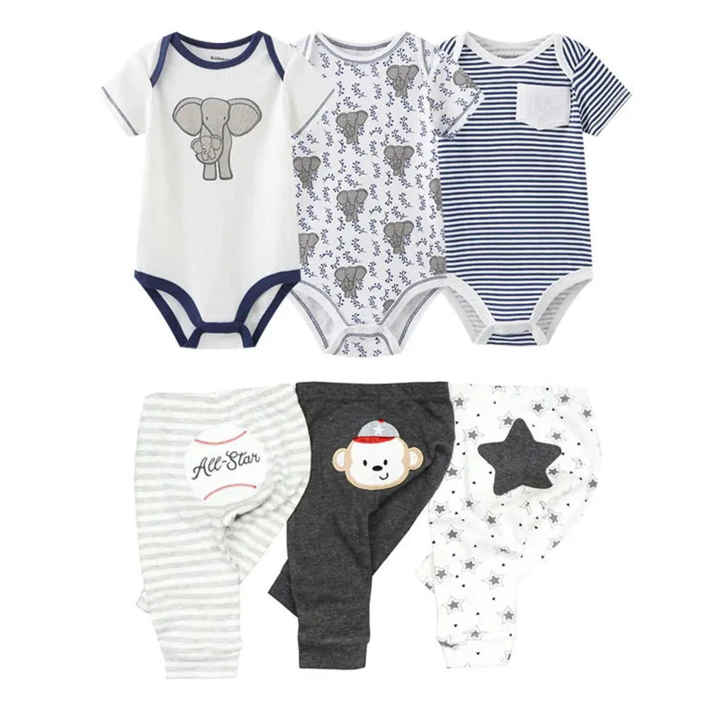 Soft cotton baby bodysuit and pants set with colorful prints.