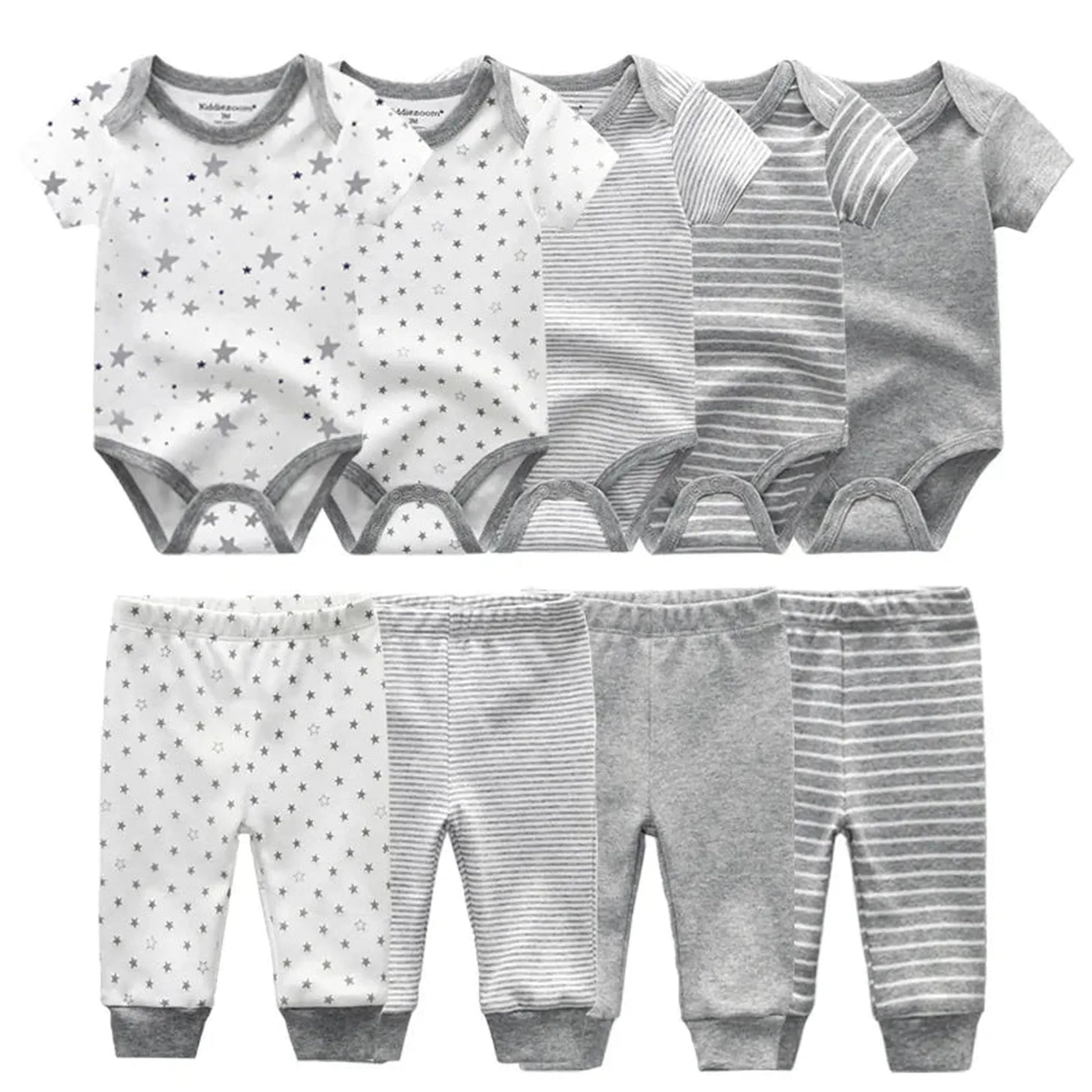 Soft cotton baby bodysuit and pants set in gray and white with star and stripe prints.