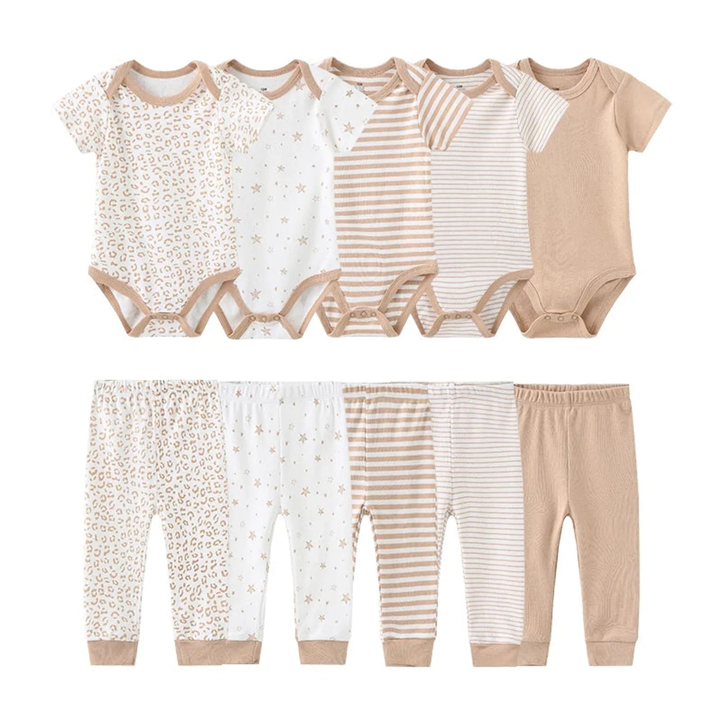 Soft cotton baby bodysuits and pants set in neutral tones with varied prints.