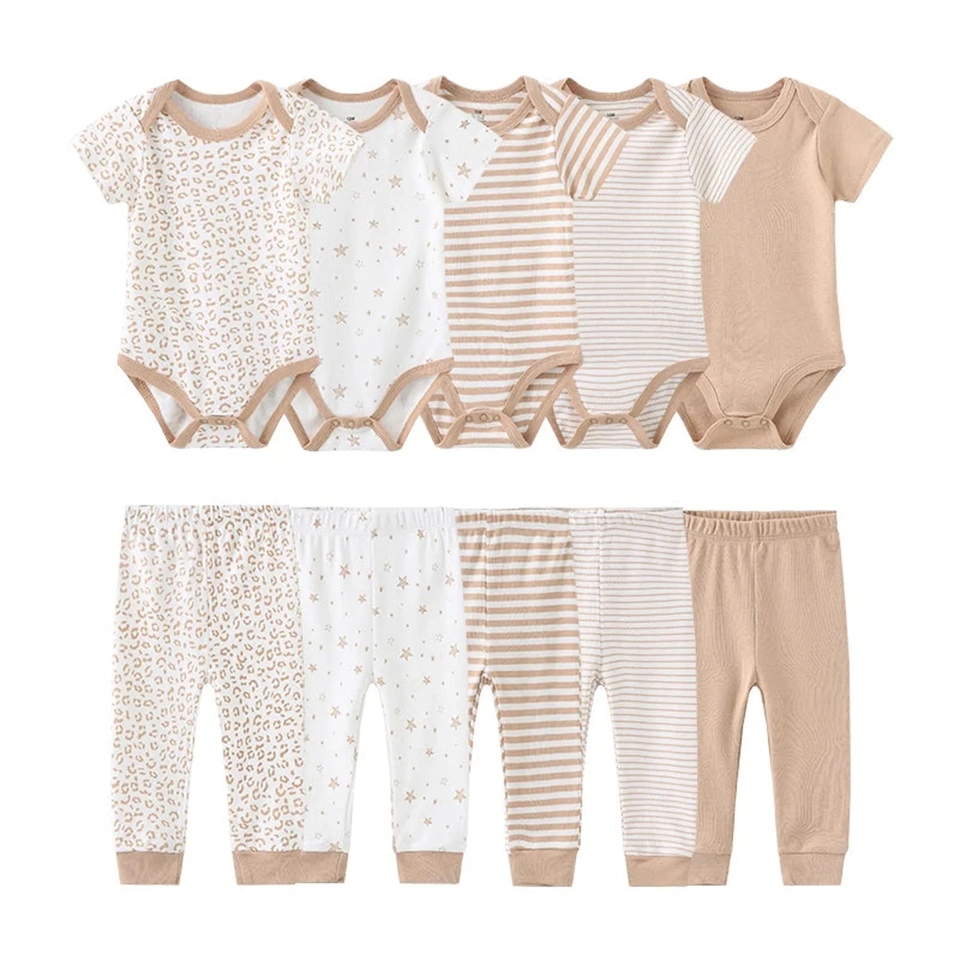 Soft cotton baby bodysuits and pants set in neutral tones with varied prints.